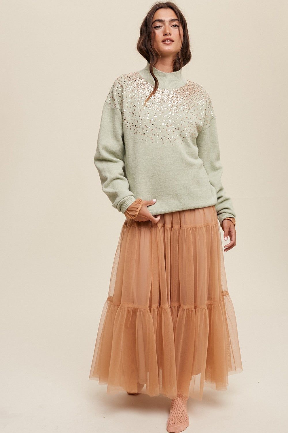 Mint Sequin Knit Mock Neck Sweater sold by Pinkblush product image thumbnail 4