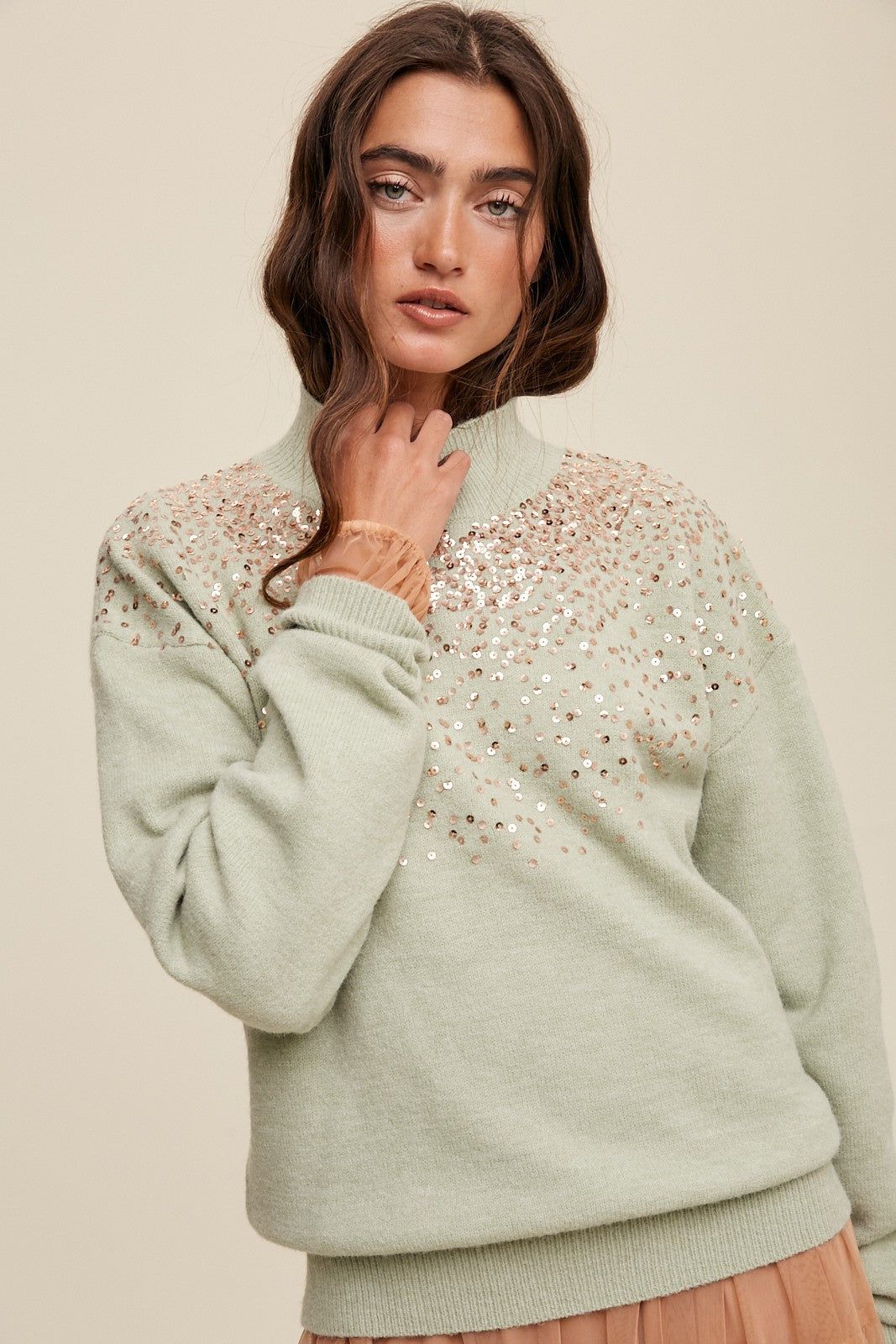Mint Sequin Knit Mock Neck Sweater sold by Pinkblush