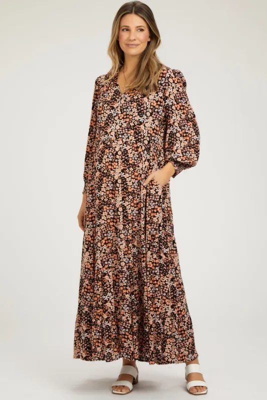 Black Floral Tiered Long Sleeve Maternity Dress sold by Pinkblush