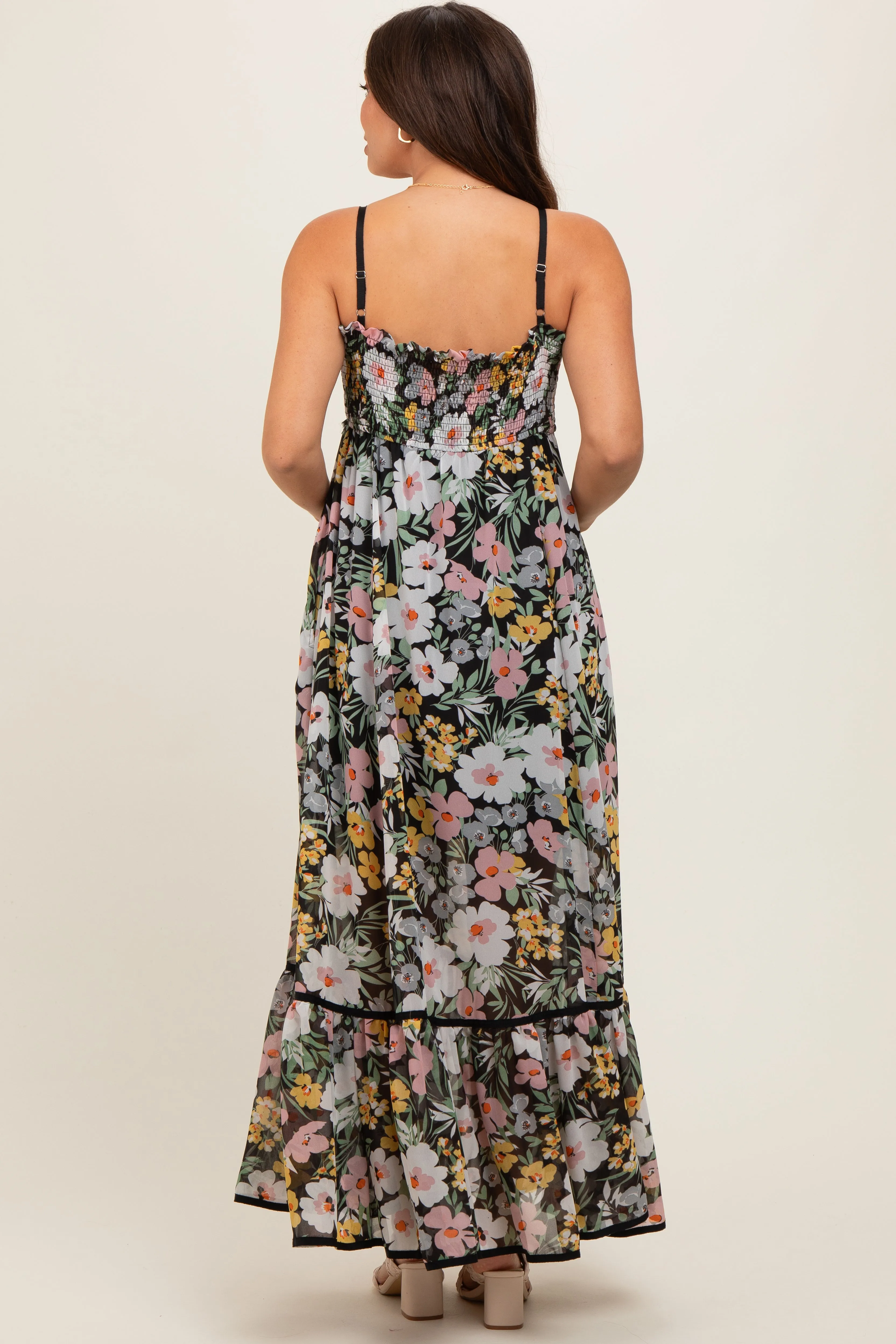 Black Floral Smocked Button Accent Maternity Maxi Dress sold by Pinkblush product image thumbnail 4