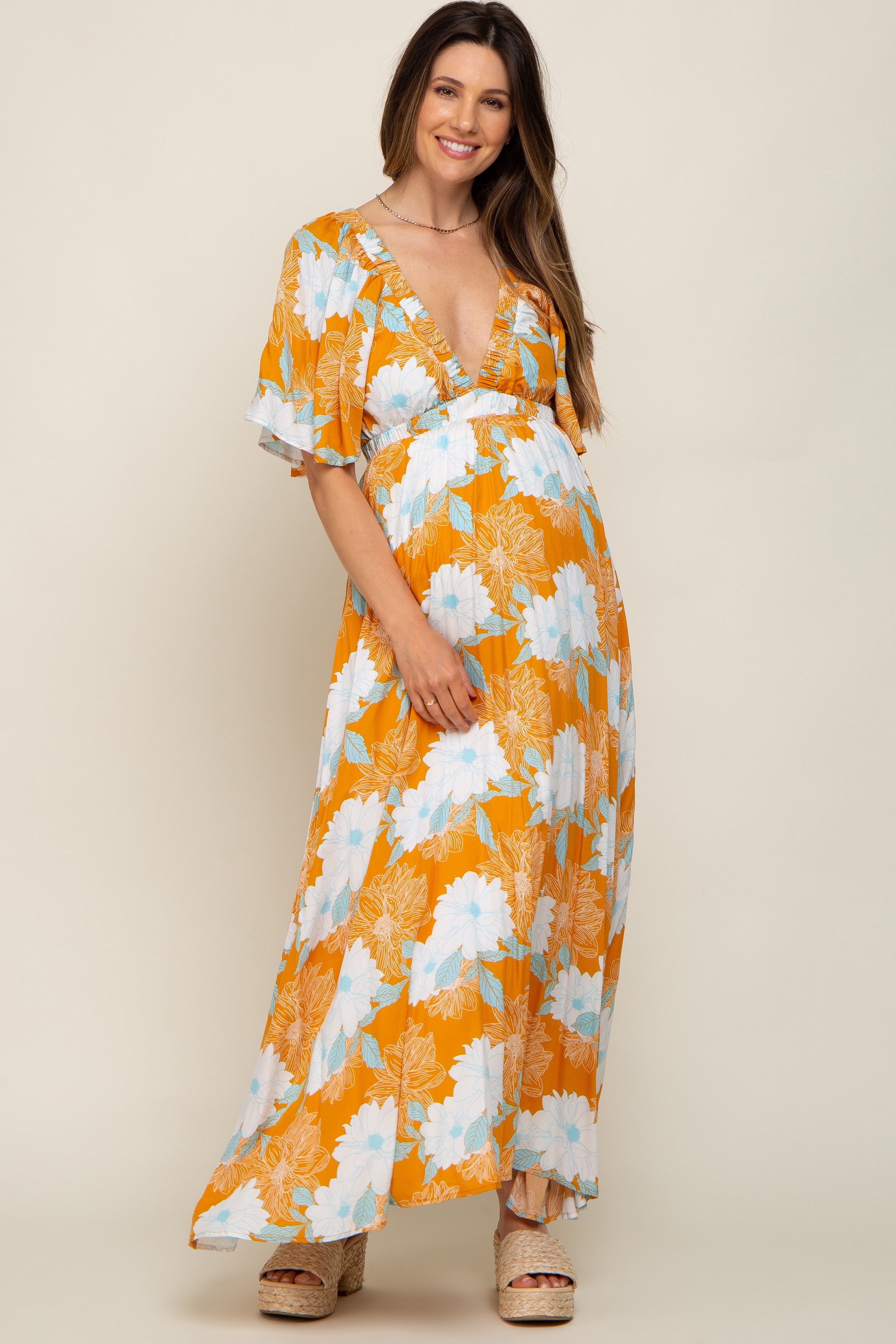Orange Floral Deep V-Neck Maternity Maxi Dress sold by Pinkblush