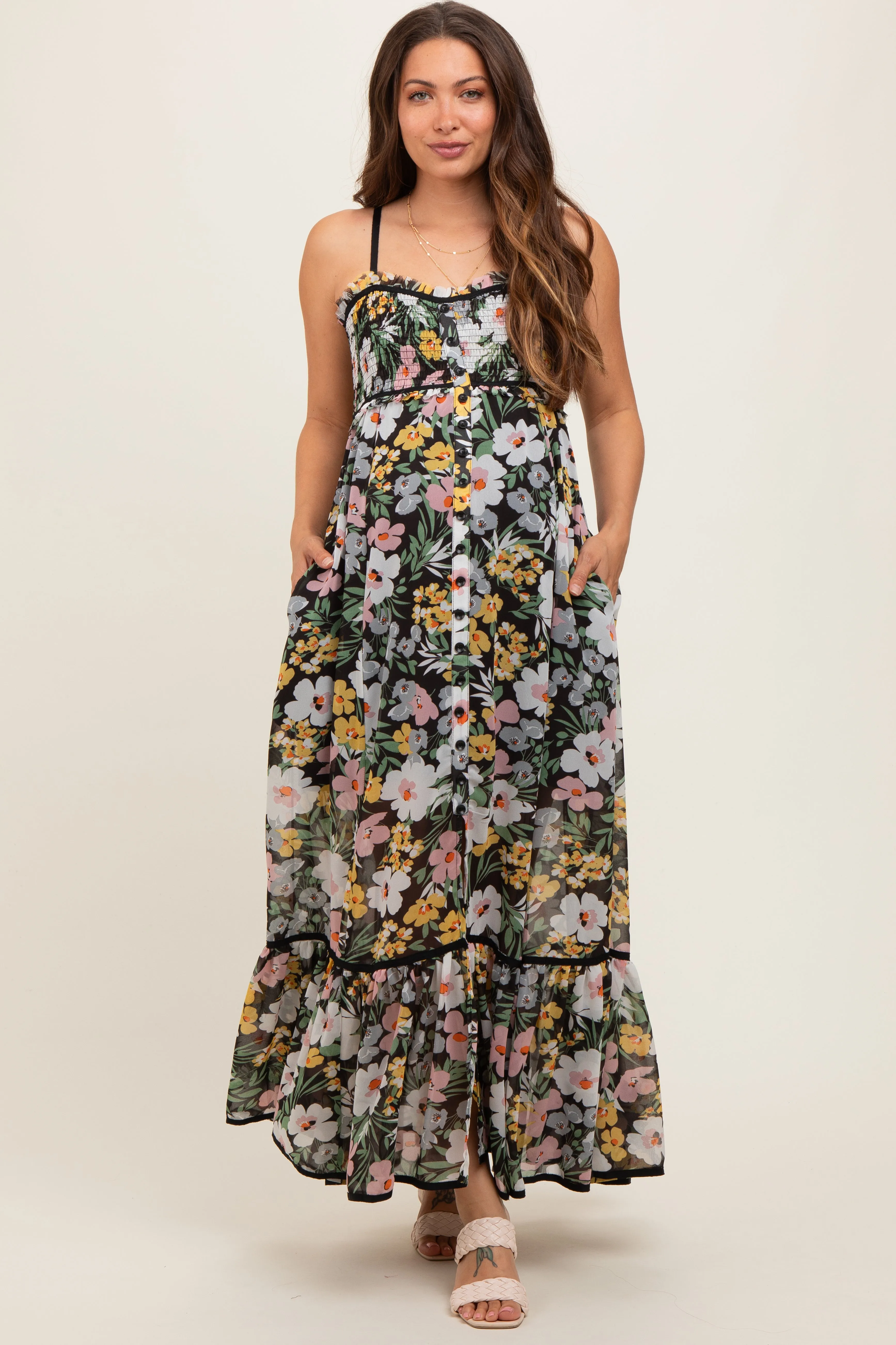 Black Floral Smocked Button Accent Maternity Maxi Dress sold by Pinkblush