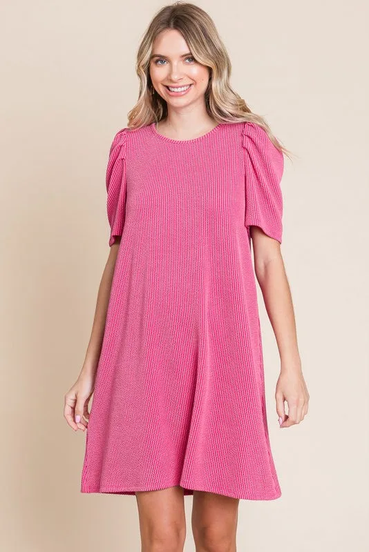 Fuchsia Washed Ribbed Puff Sleeve Dress sold by Pinkblush product image thumbnail 2