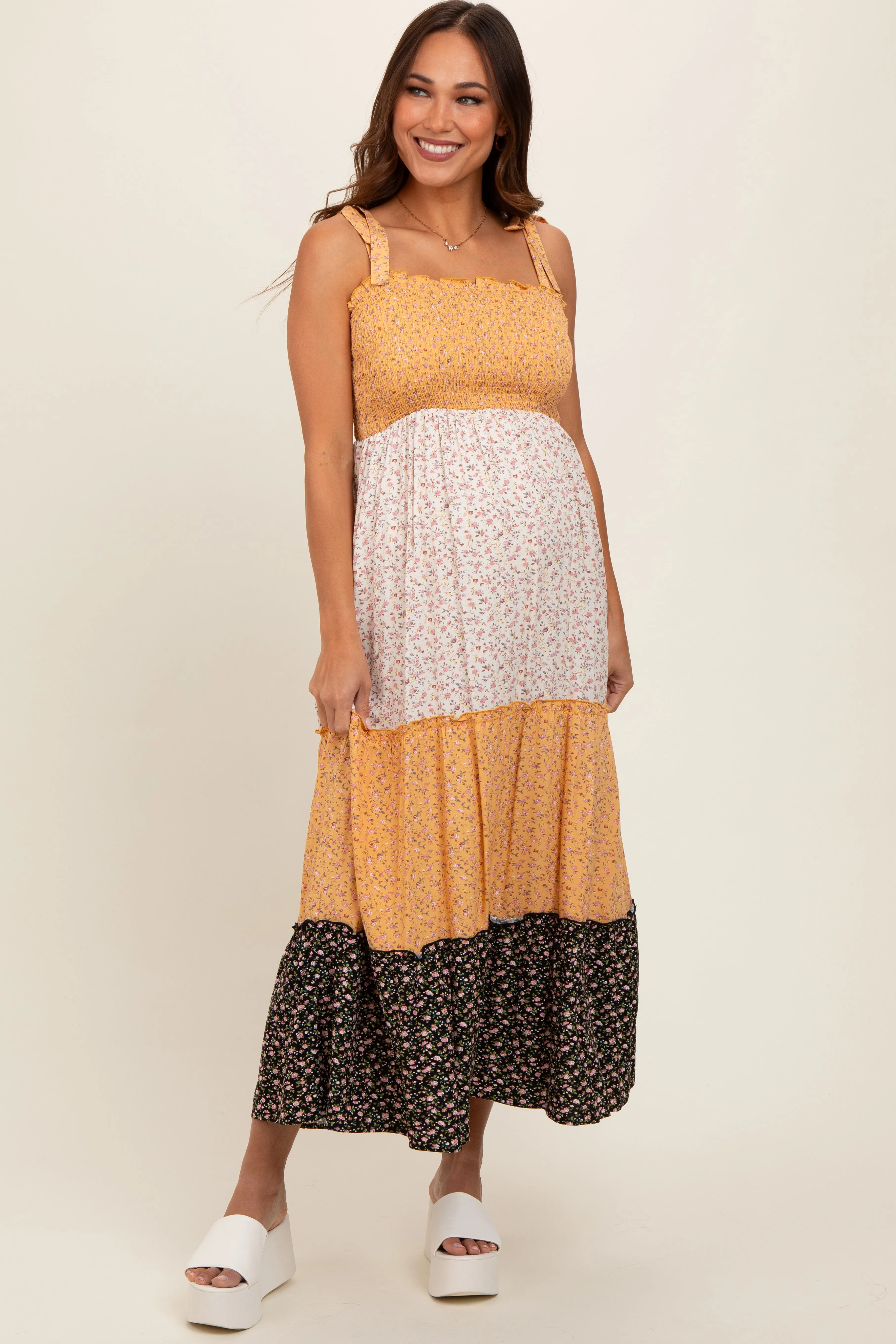 Yellow Multicolor Ditsy Floral Shoulder Tie Maternity Maxi Dress sold by Pinkblush