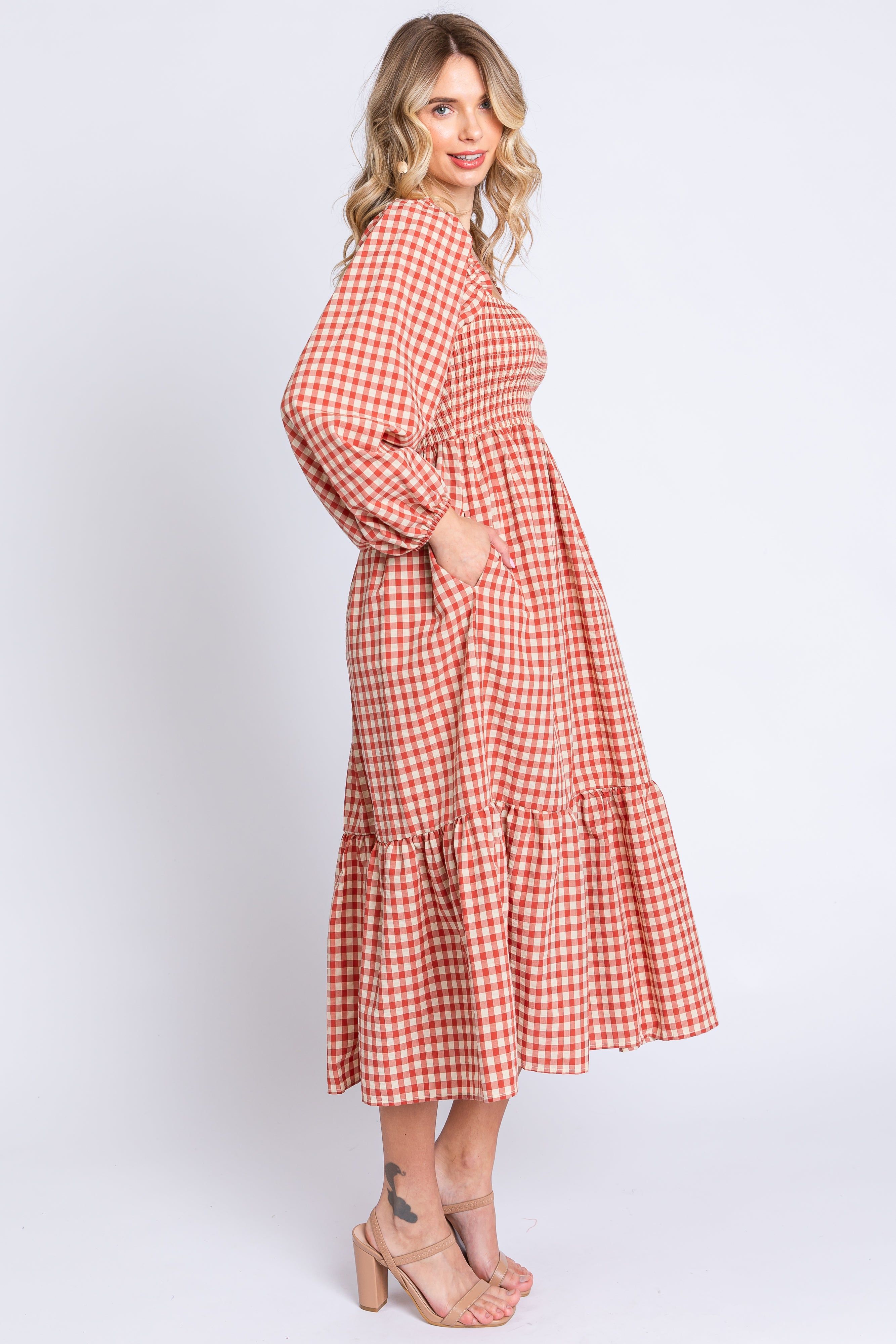 Rust Gingham Long Sleeve Midi Dress sold by Pinkblush product image thumbnail 3