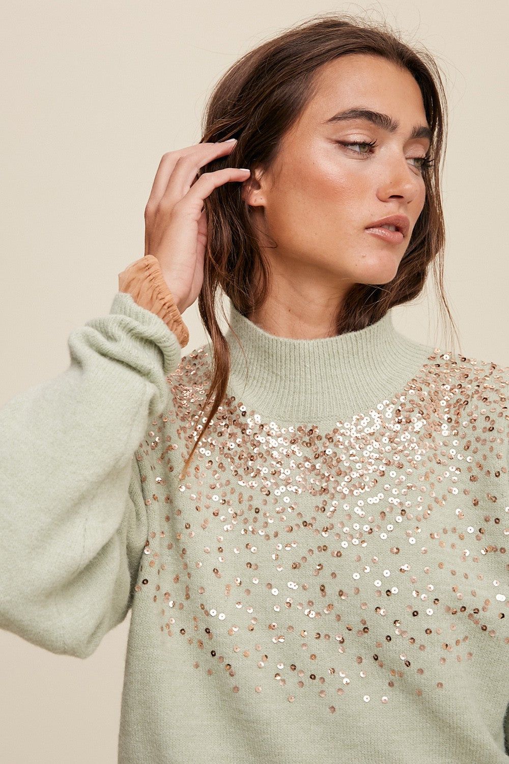 Mint Sequin Knit Mock Neck Sweater sold by Pinkblush product image thumbnail 5