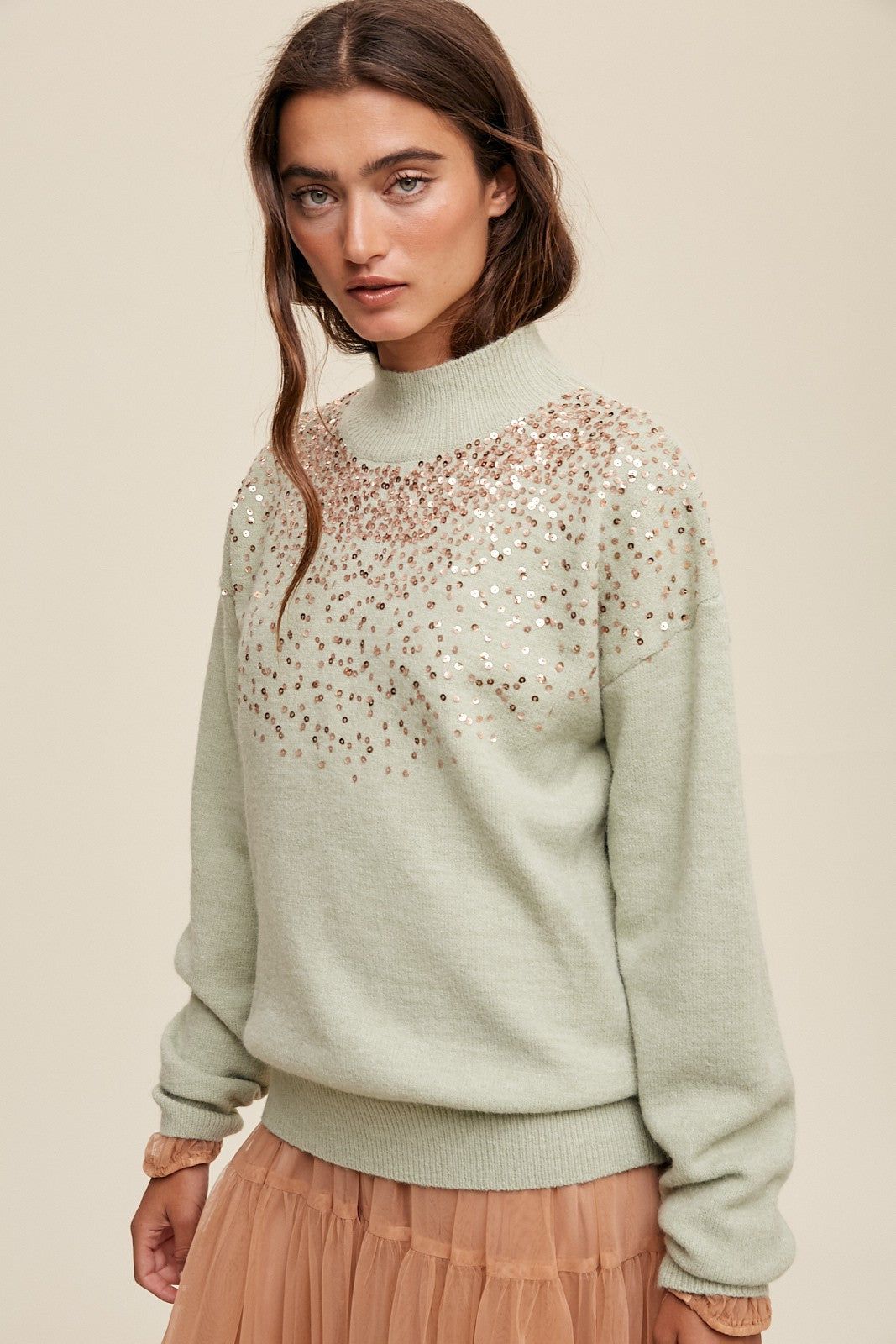 Mint Sequin Knit Mock Neck Sweater sold by Pinkblush product image thumbnail 2