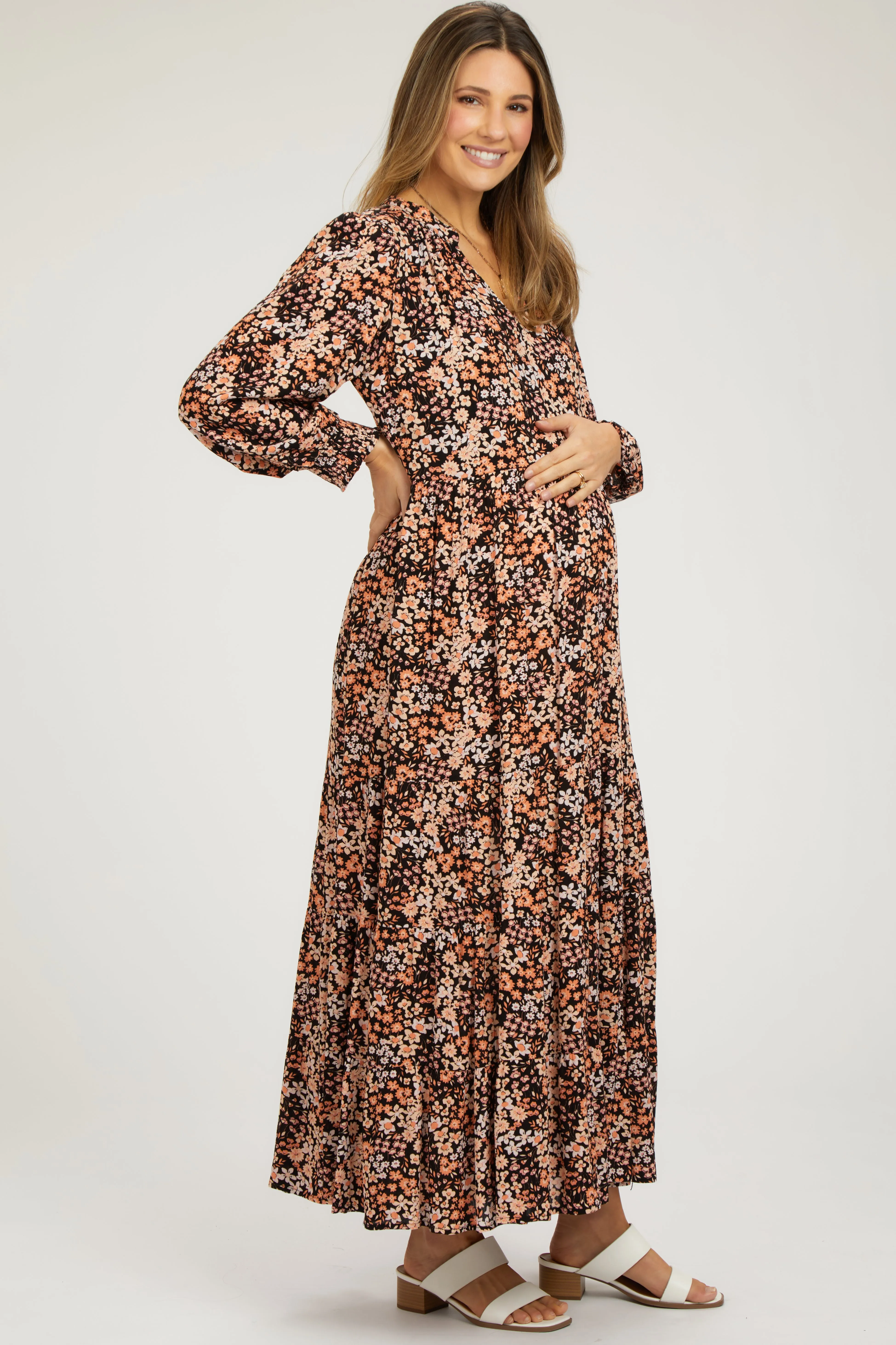 Black Floral Tiered Long Sleeve Maternity Dress sold by Pinkblush product image thumbnail 2