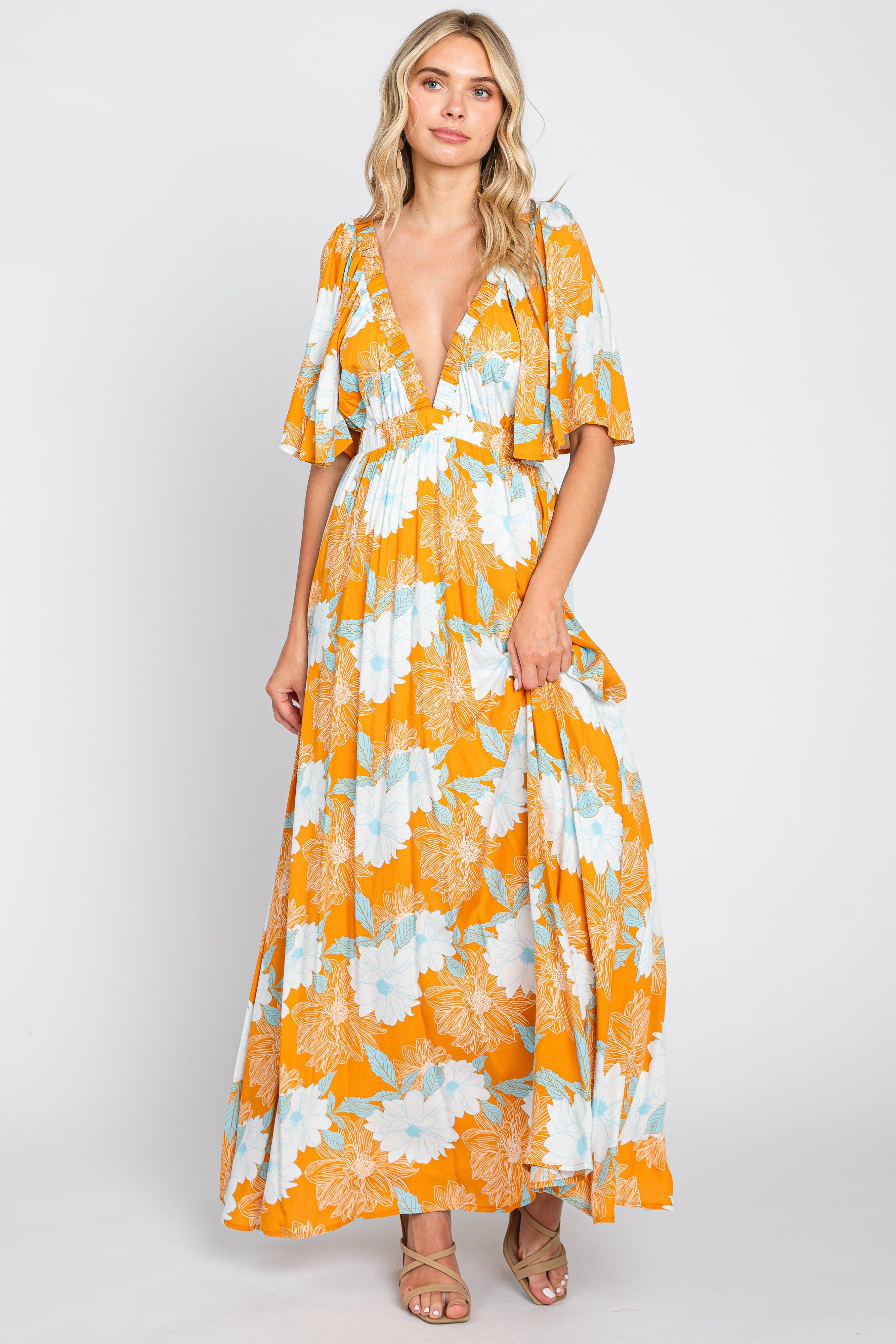Orange Floral Deep V-Neck Maternity Maxi Dress sold by Pinkblush product image thumbnail 5