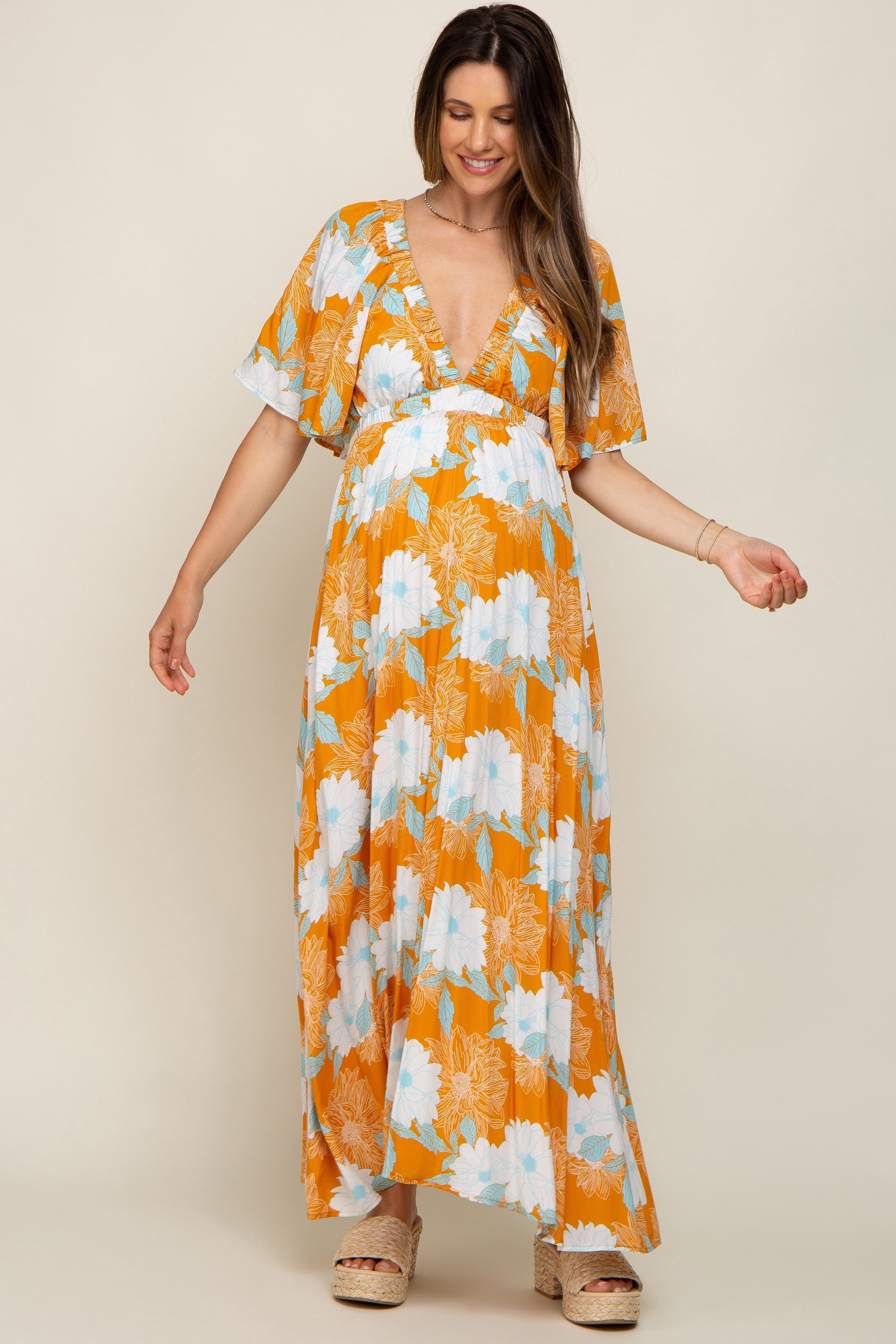 Orange Floral Deep V-Neck Maternity Maxi Dress sold by Pinkblush product image thumbnail 2