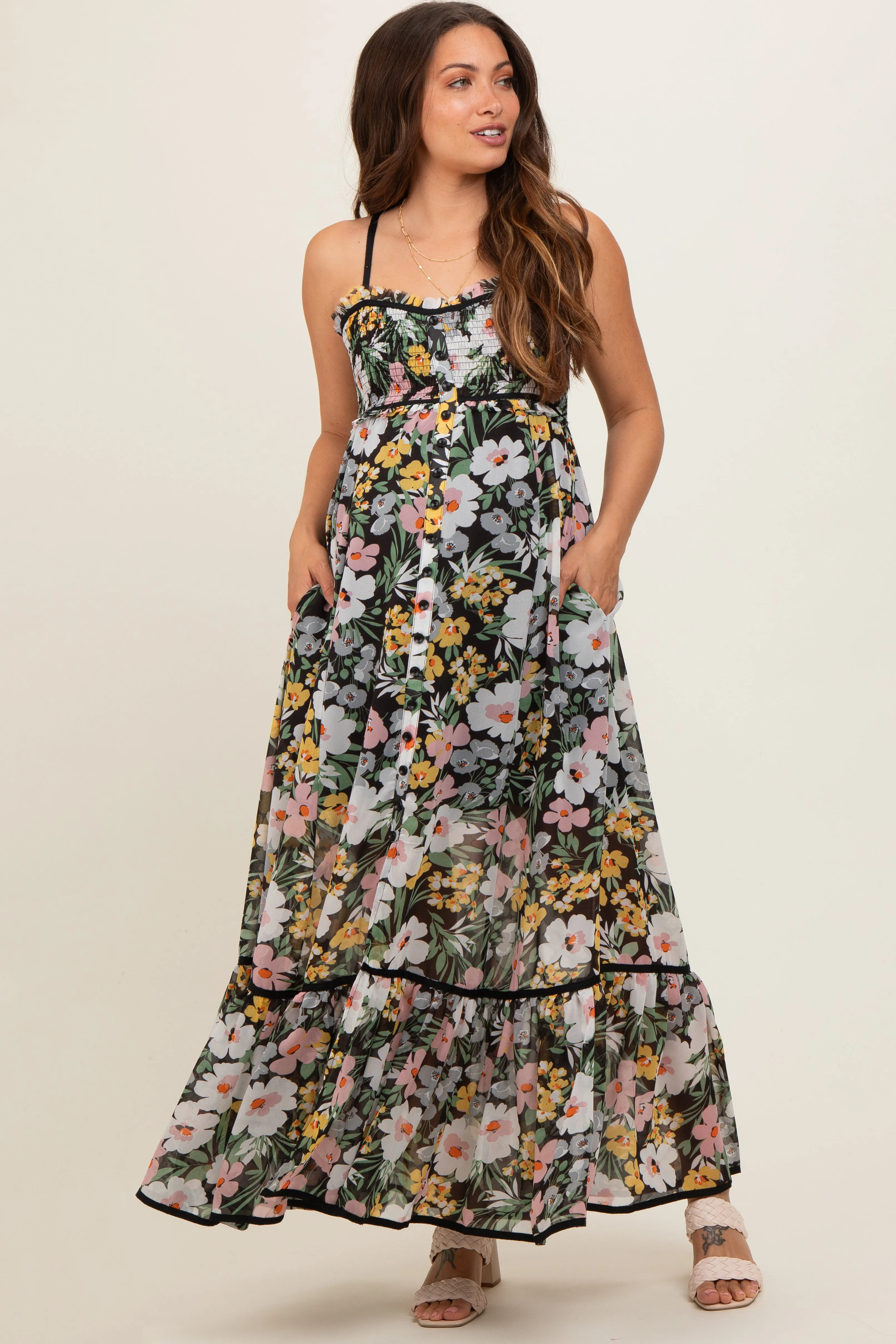 Black Floral Smocked Button Accent Maternity Maxi Dress sold by Pinkblush product image thumbnail 2