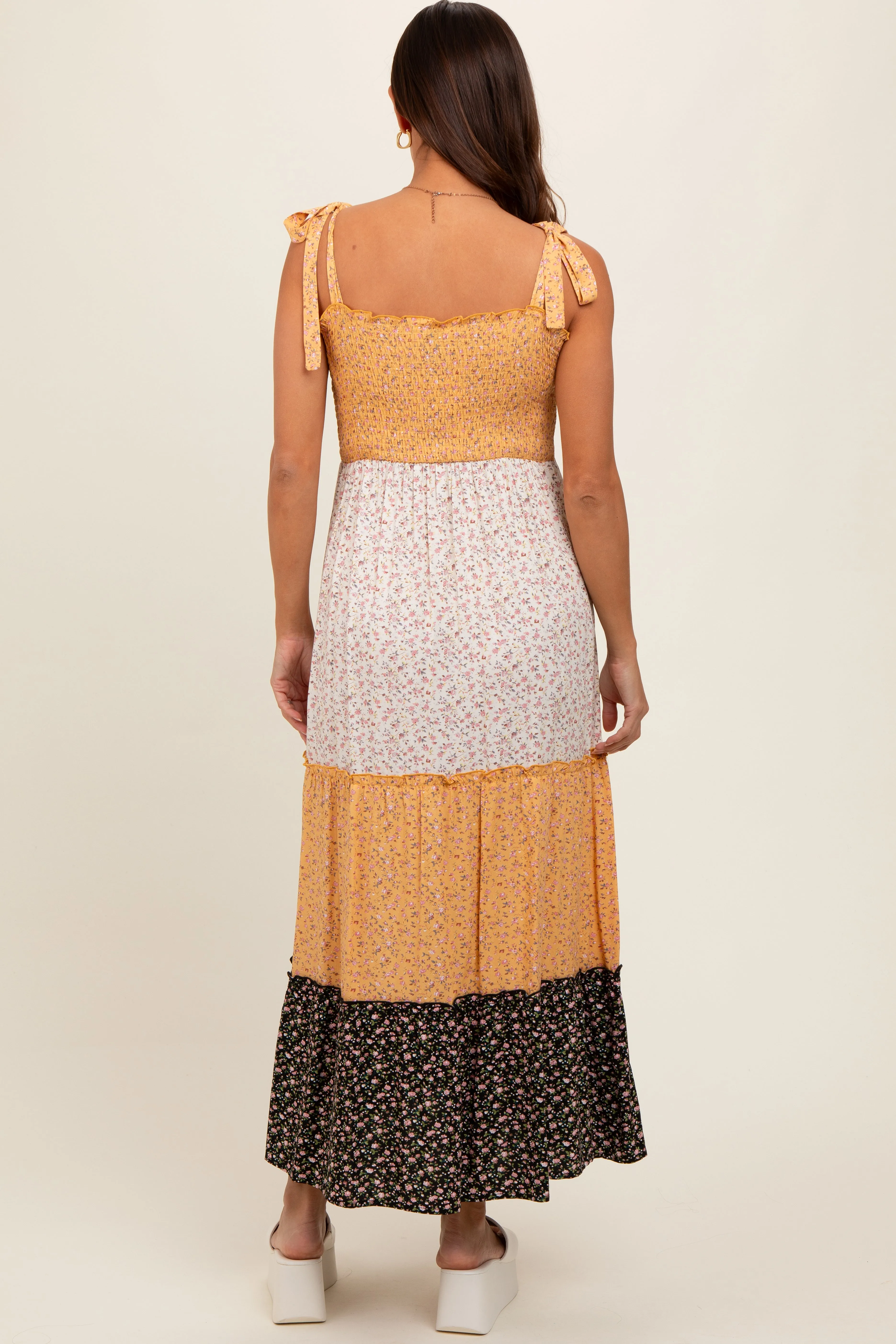 Yellow Multicolor Ditsy Floral Shoulder Tie Maternity Maxi Dress sold by Pinkblush product image thumbnail 2
