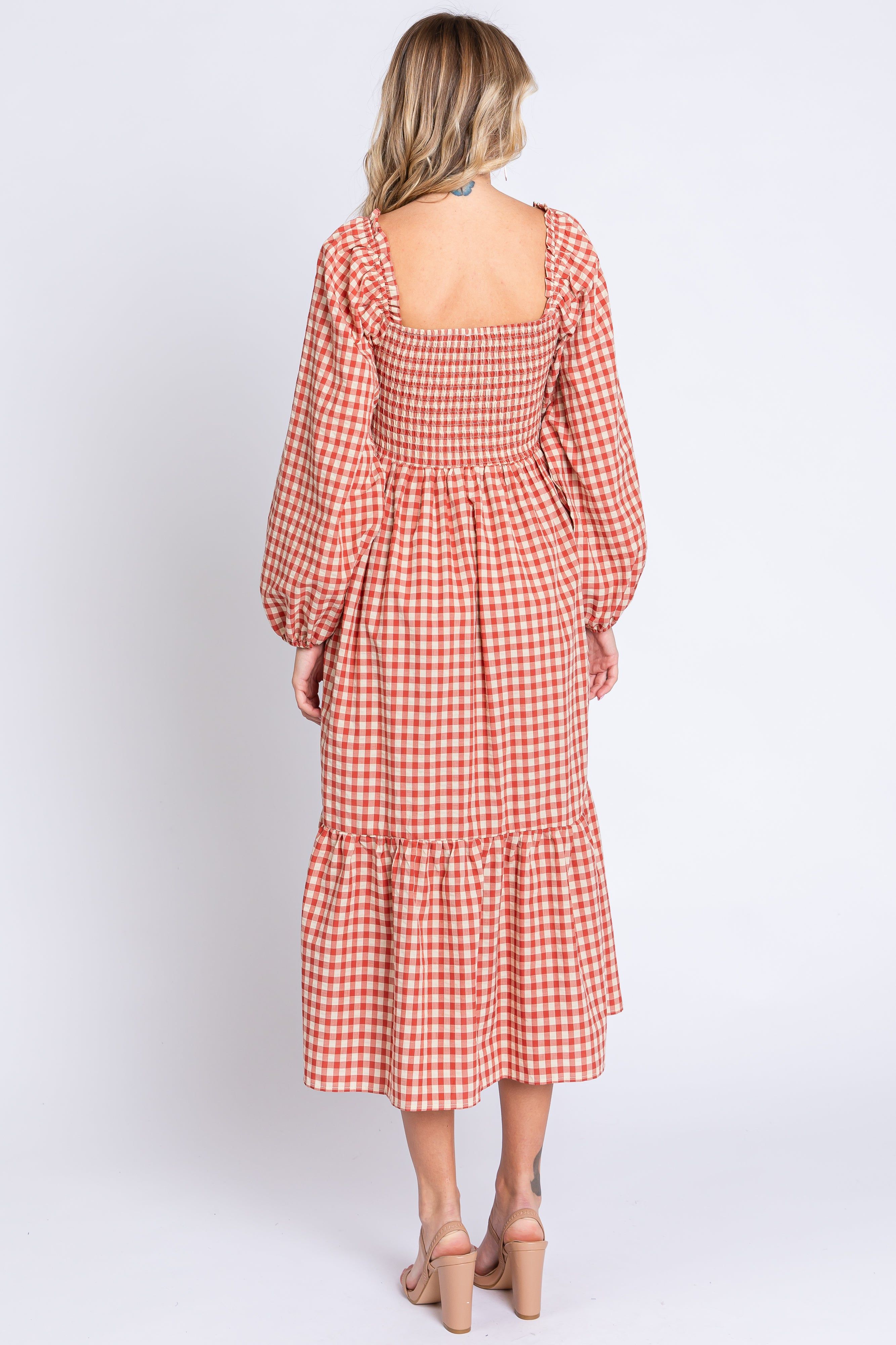 Rust Gingham Long Sleeve Midi Dress sold by Pinkblush product image thumbnail 4