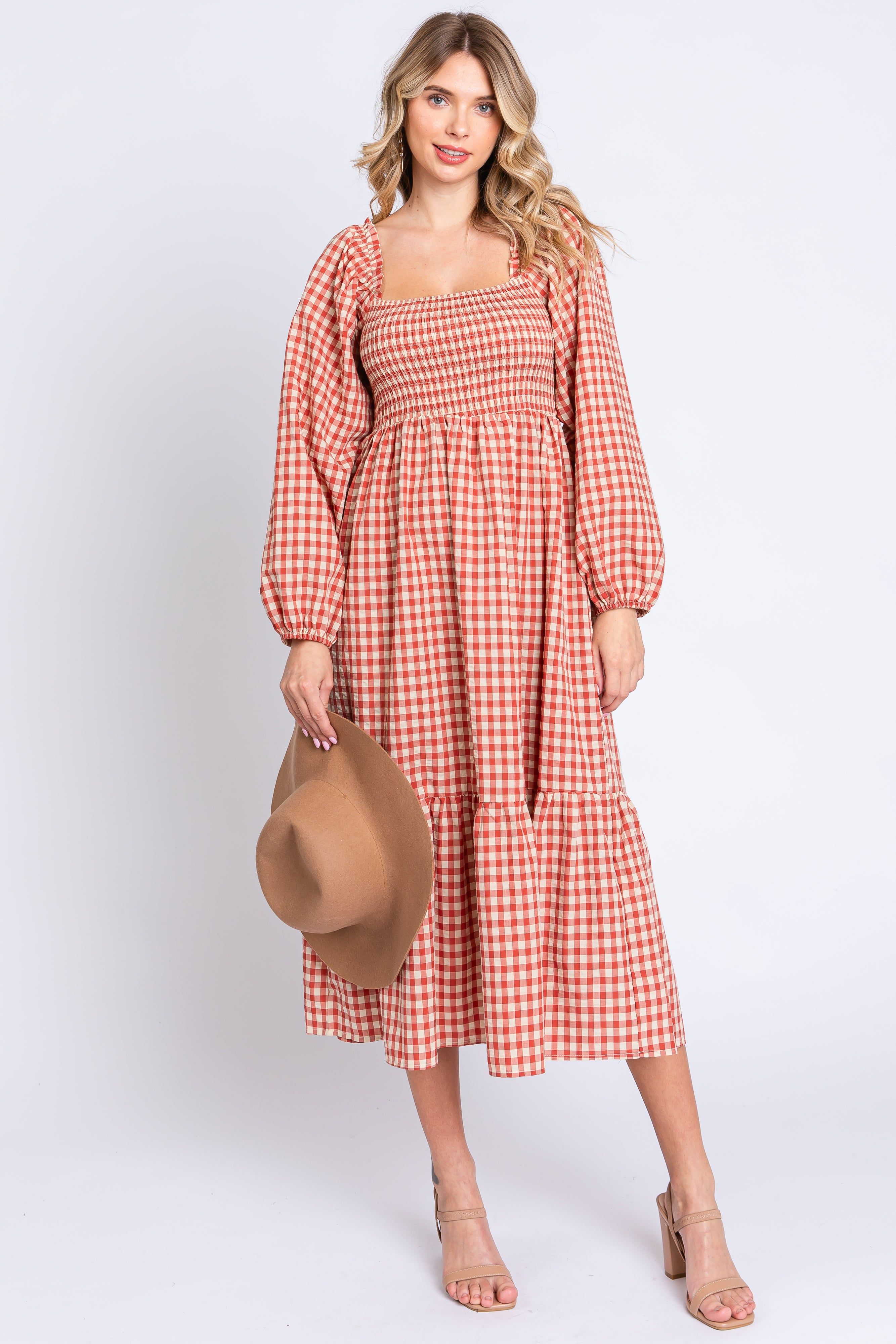 Rust Gingham Long Sleeve Midi Dress sold by Pinkblush