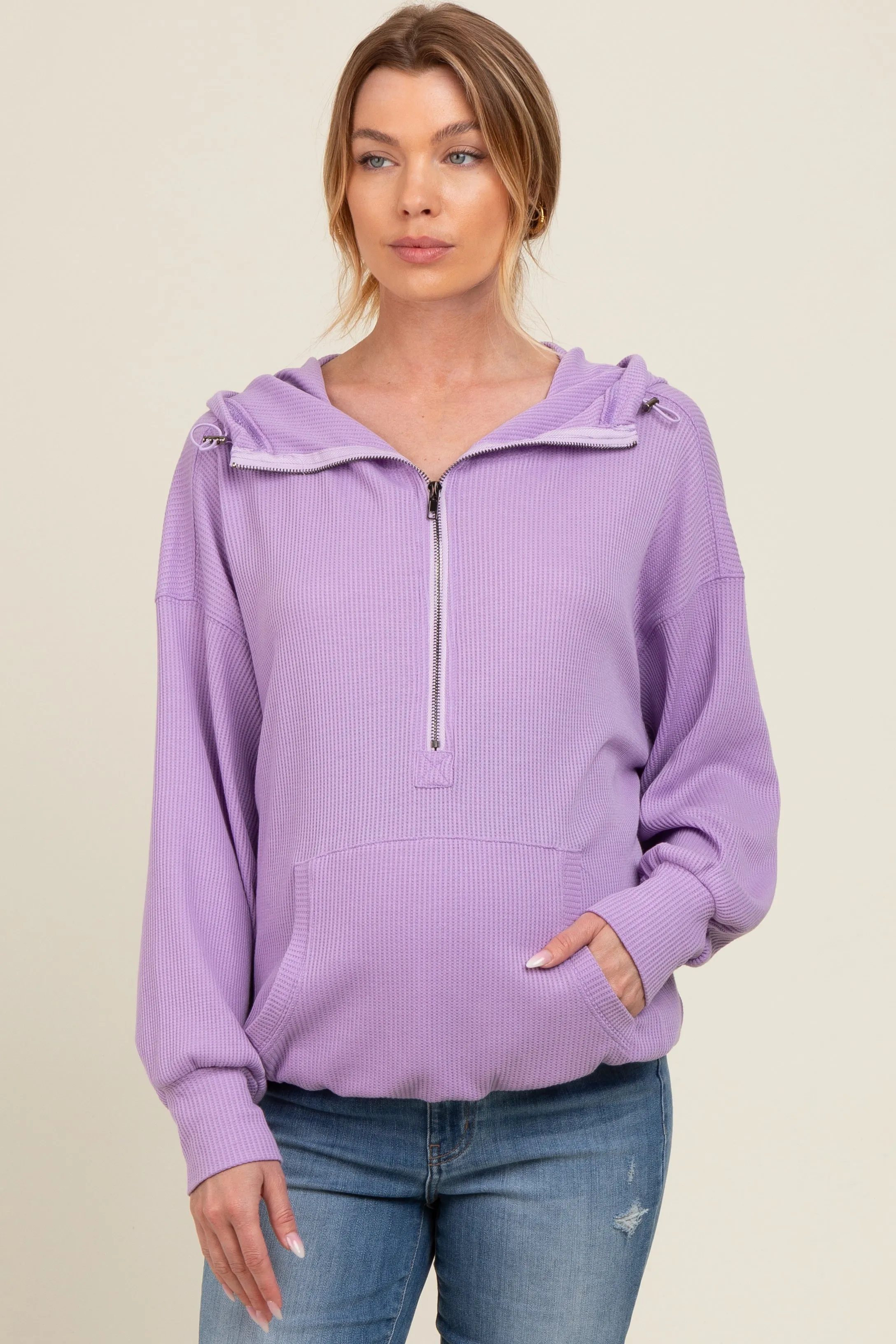 Lavender Waffle Knit Half Zip Relaxed Fit Maternity Hoodie sold by Pinkblush product image thumbnail 2