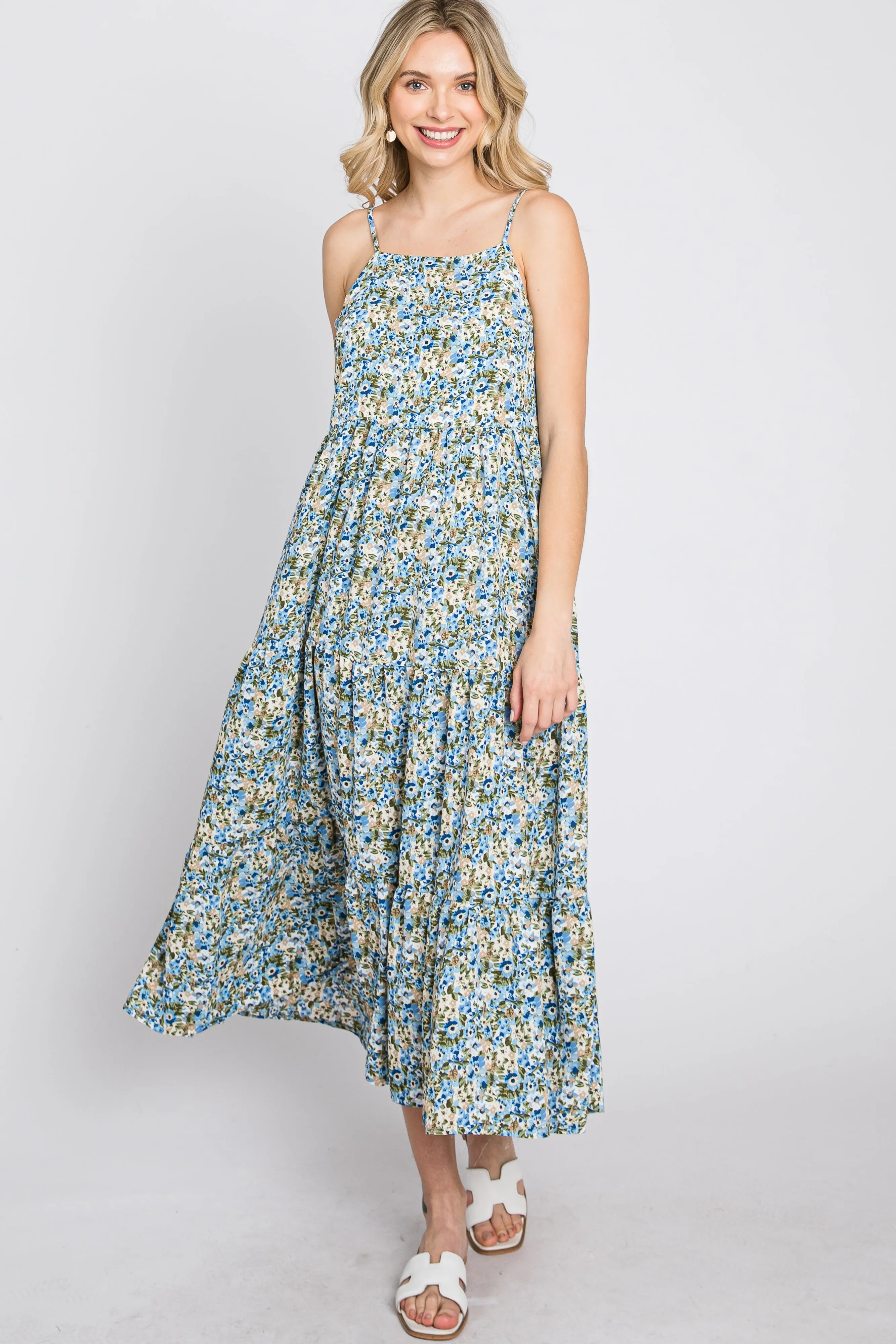 Blue Floral Tiered Sleeveless Midi Dress sold by Pinkblush product image thumbnail 3