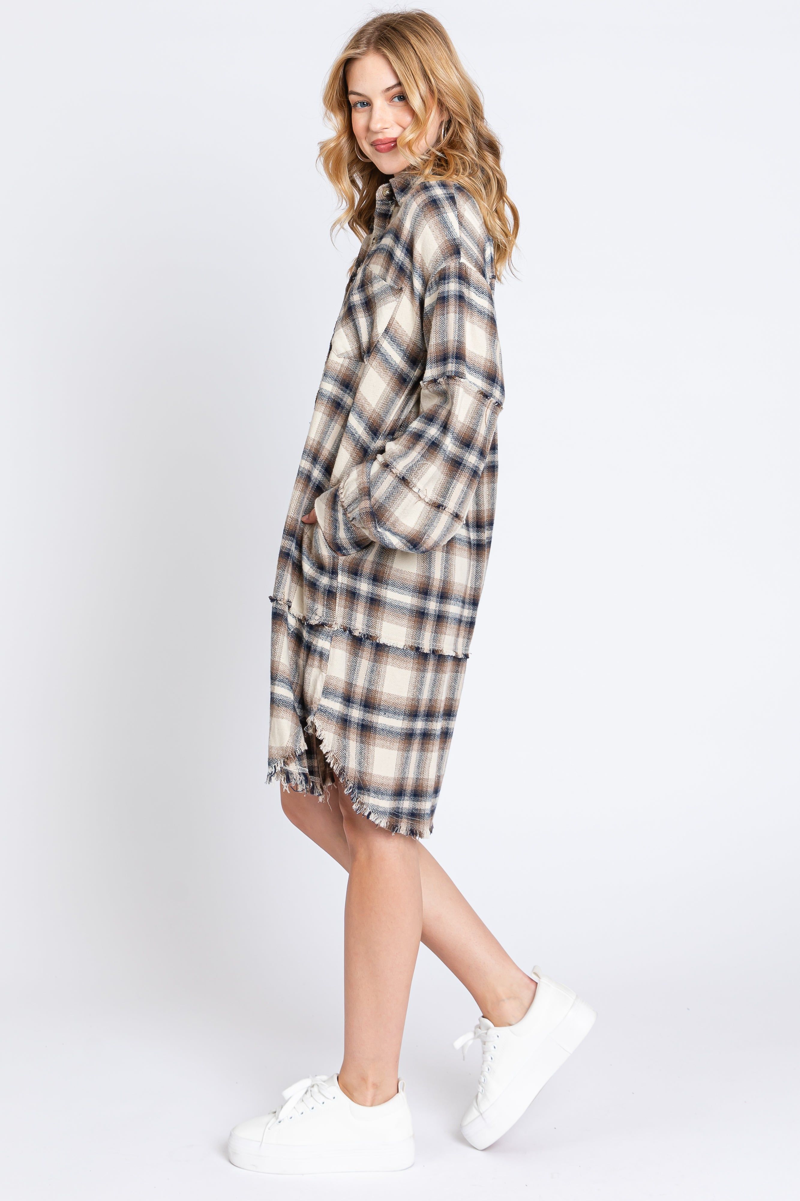 Taupe Plaid Button Down Raw Hem Dress sold by Pinkblush product image thumbnail 2