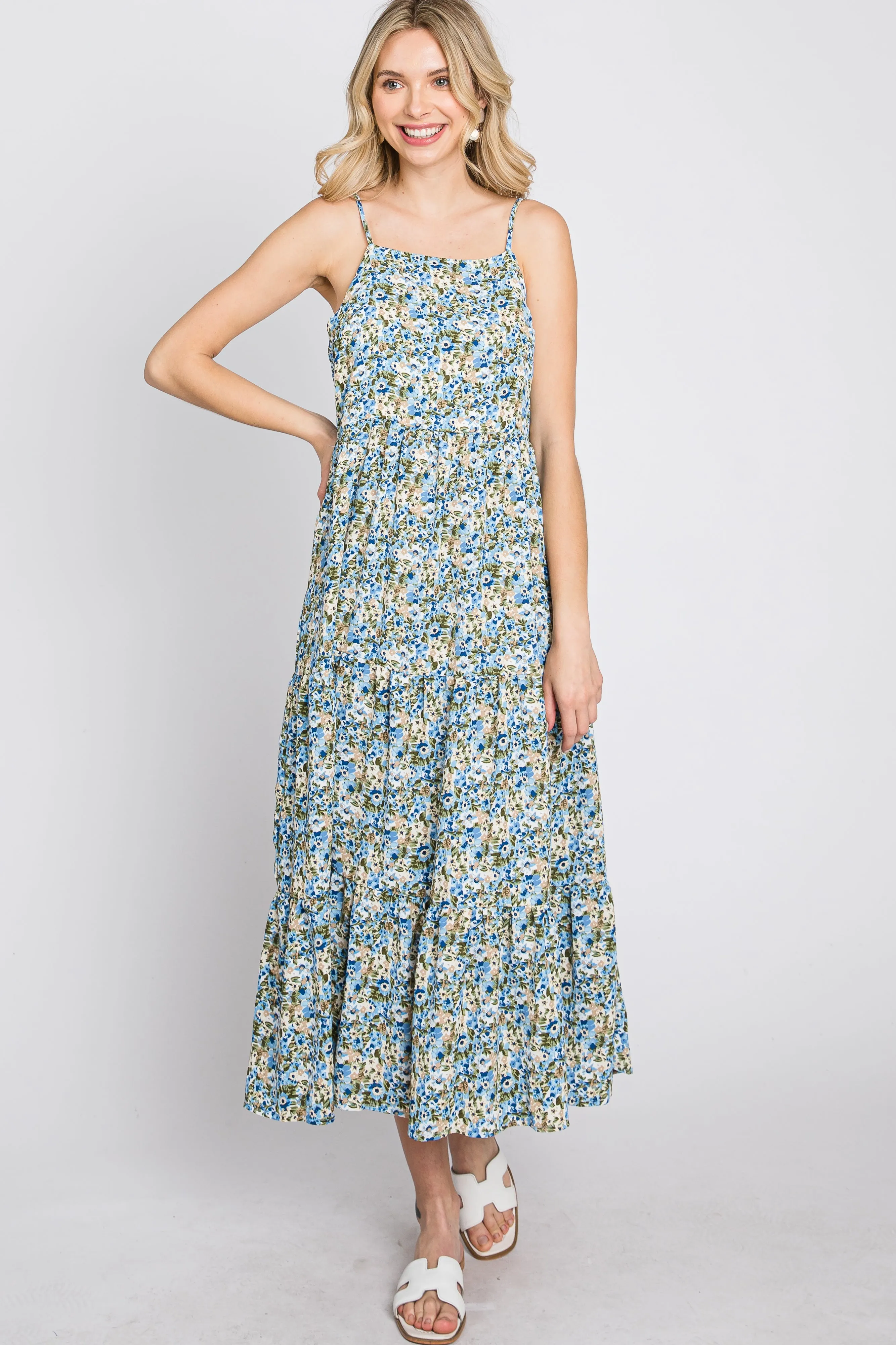 Blue Floral Tiered Sleeveless Midi Dress sold by Pinkblush product image thumbnail 4