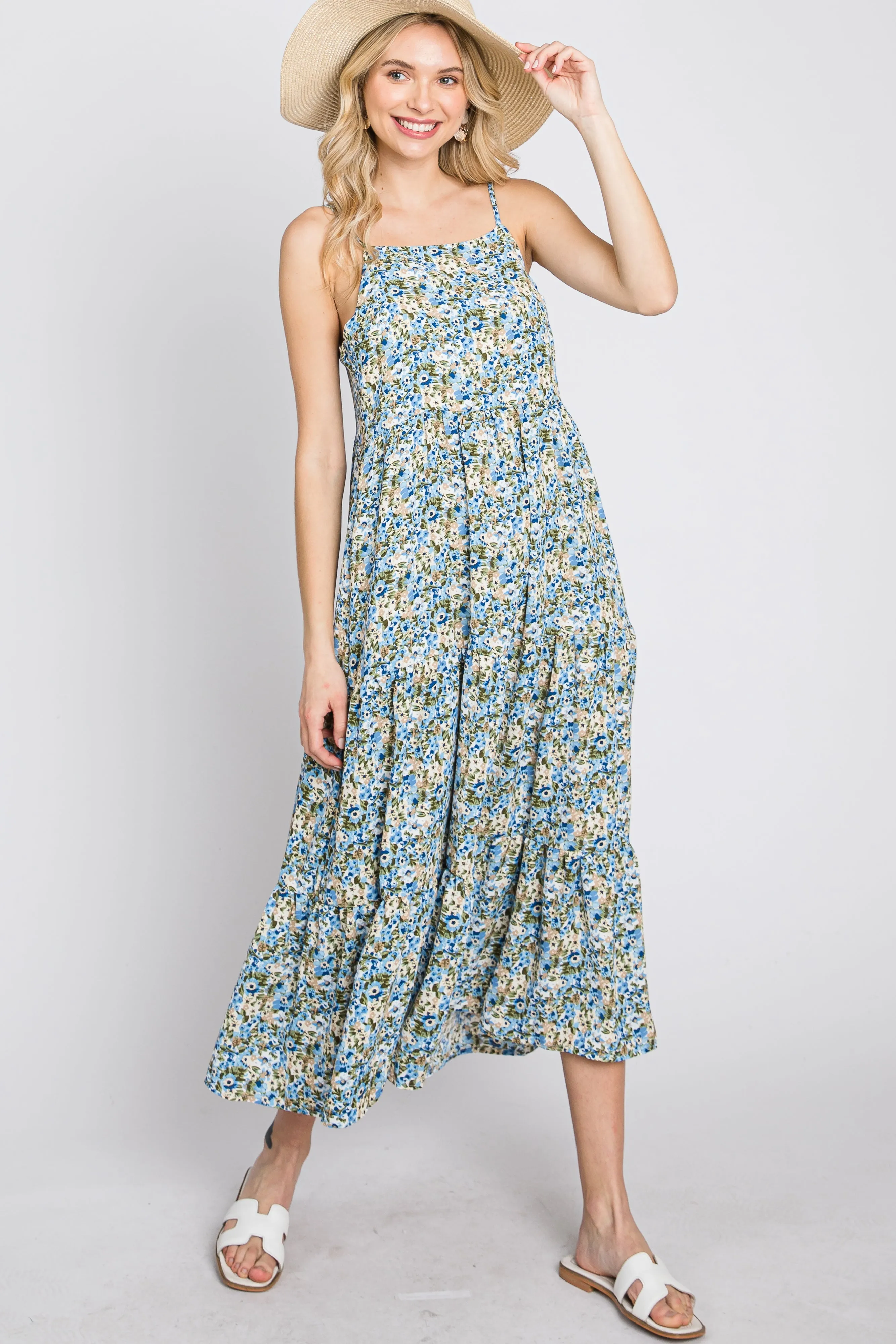 Blue Floral Tiered Sleeveless Midi Dress sold by Pinkblush
