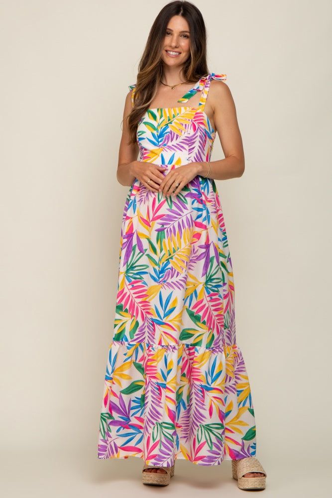 Pink Multi-Color Palm Print Shoulder Tie Maternity Maxi Dress sold by Pinkblush product image thumbnail 4