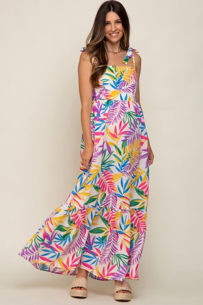 Pink Multi-Color Palm Print Shoulder Tie Maternity Maxi Dress sold by Pinkblush