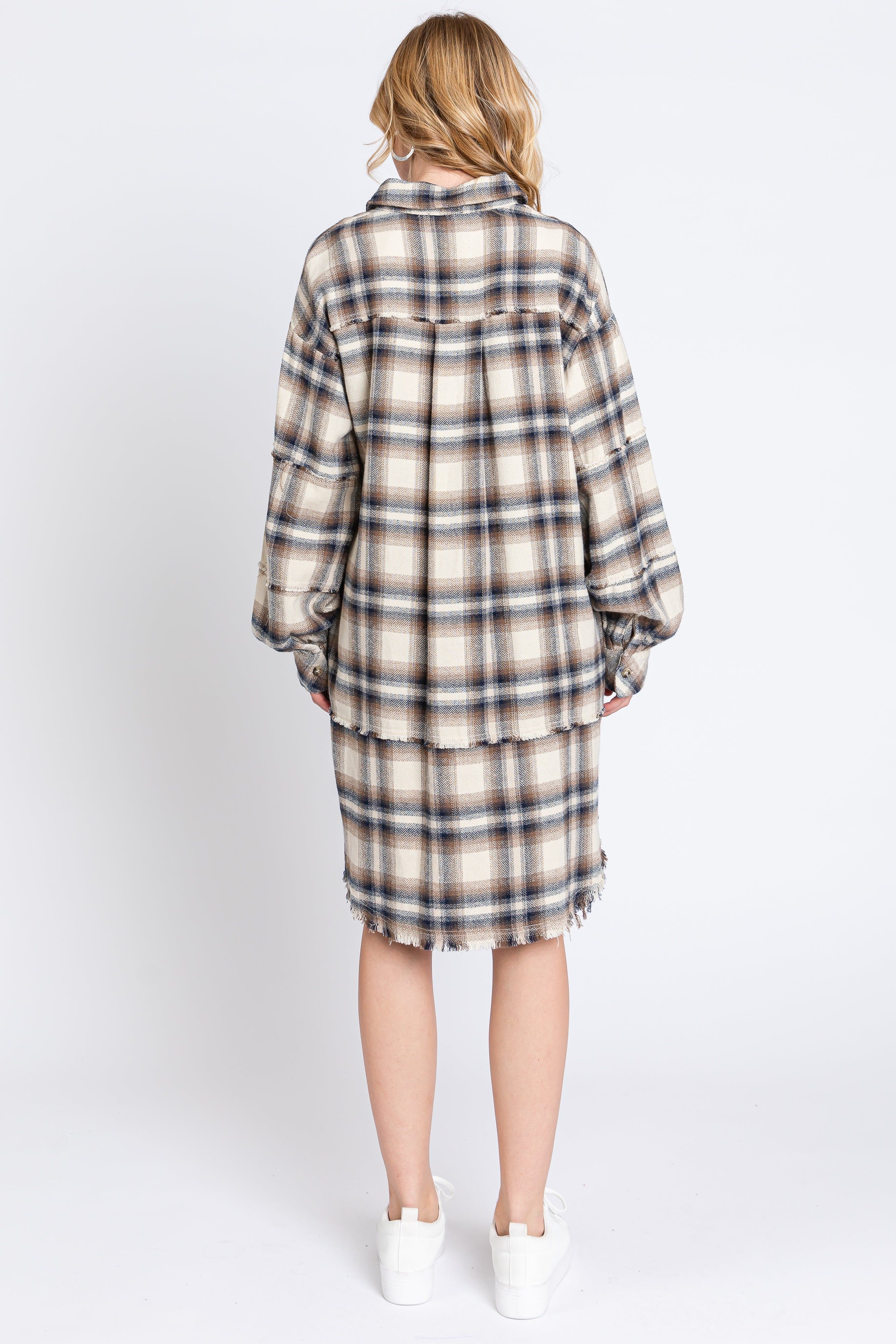Taupe Plaid Button Down Raw Hem Dress sold by Pinkblush product image thumbnail 3