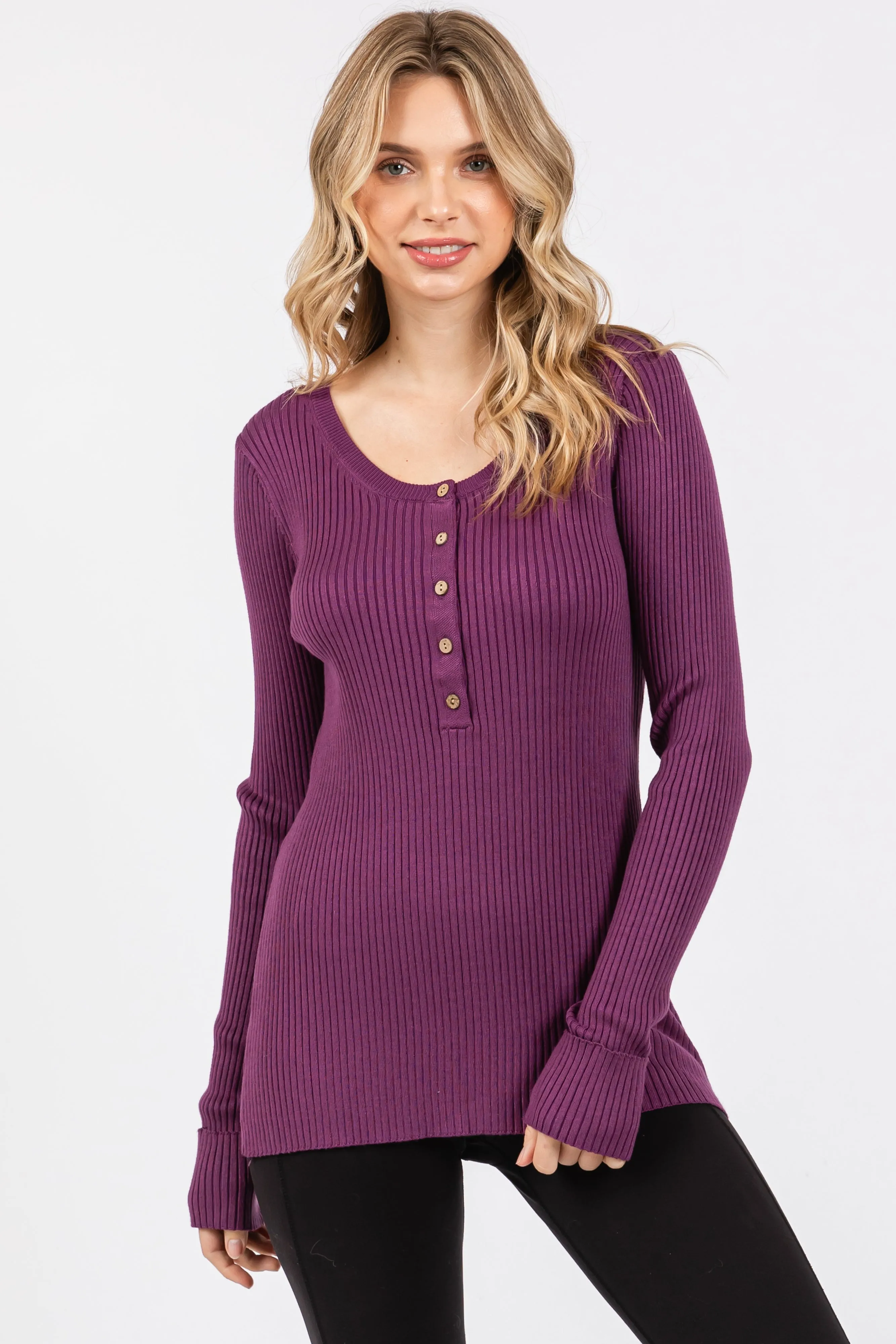 Plum Ribbed Henley Top sold by Pinkblush