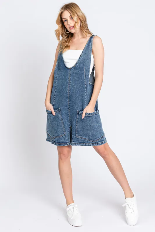 Blue Denim Scoop Neck Short Overall sold by Pinkblush