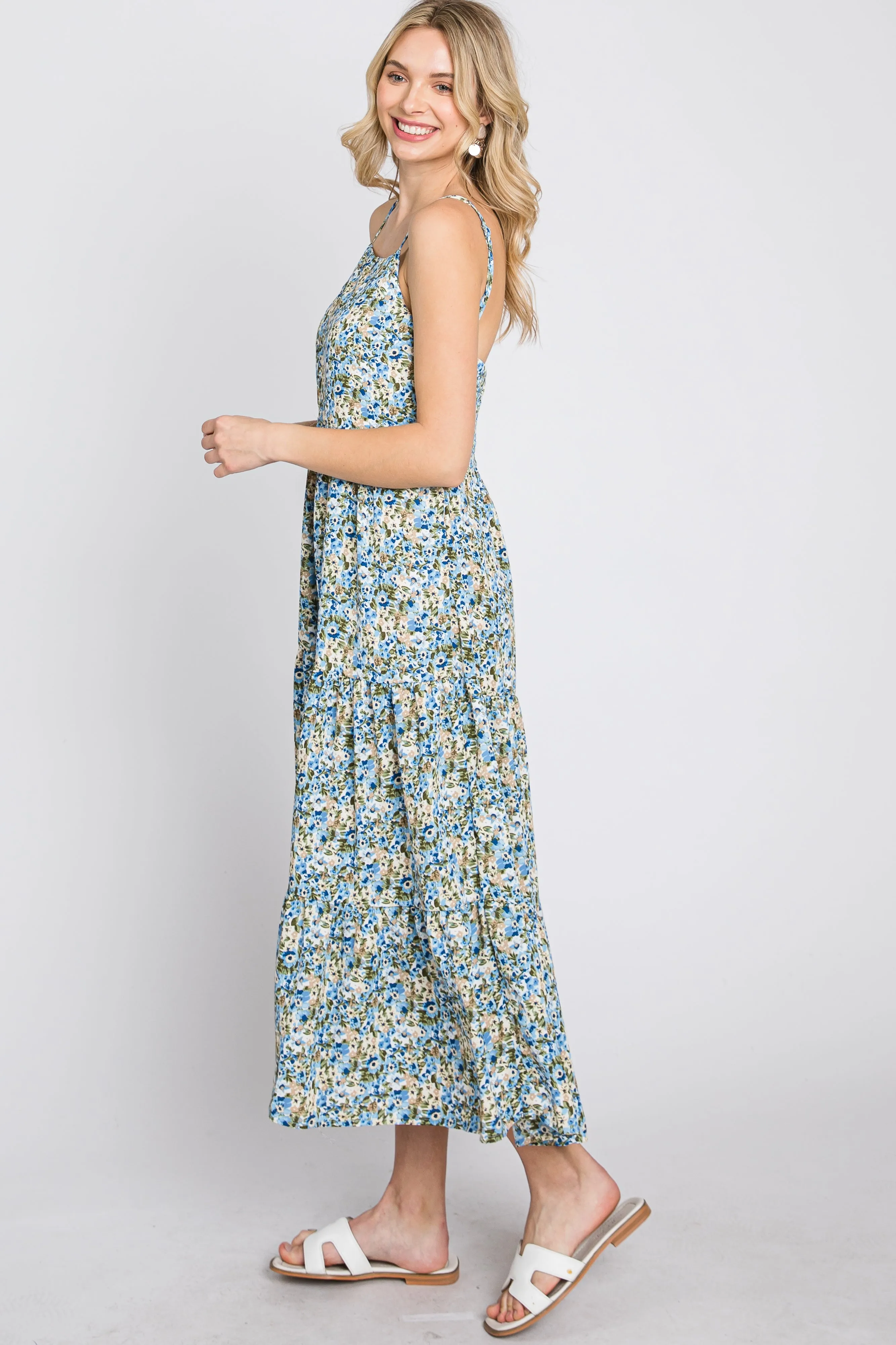 Blue Floral Tiered Sleeveless Midi Dress sold by Pinkblush product image thumbnail 5