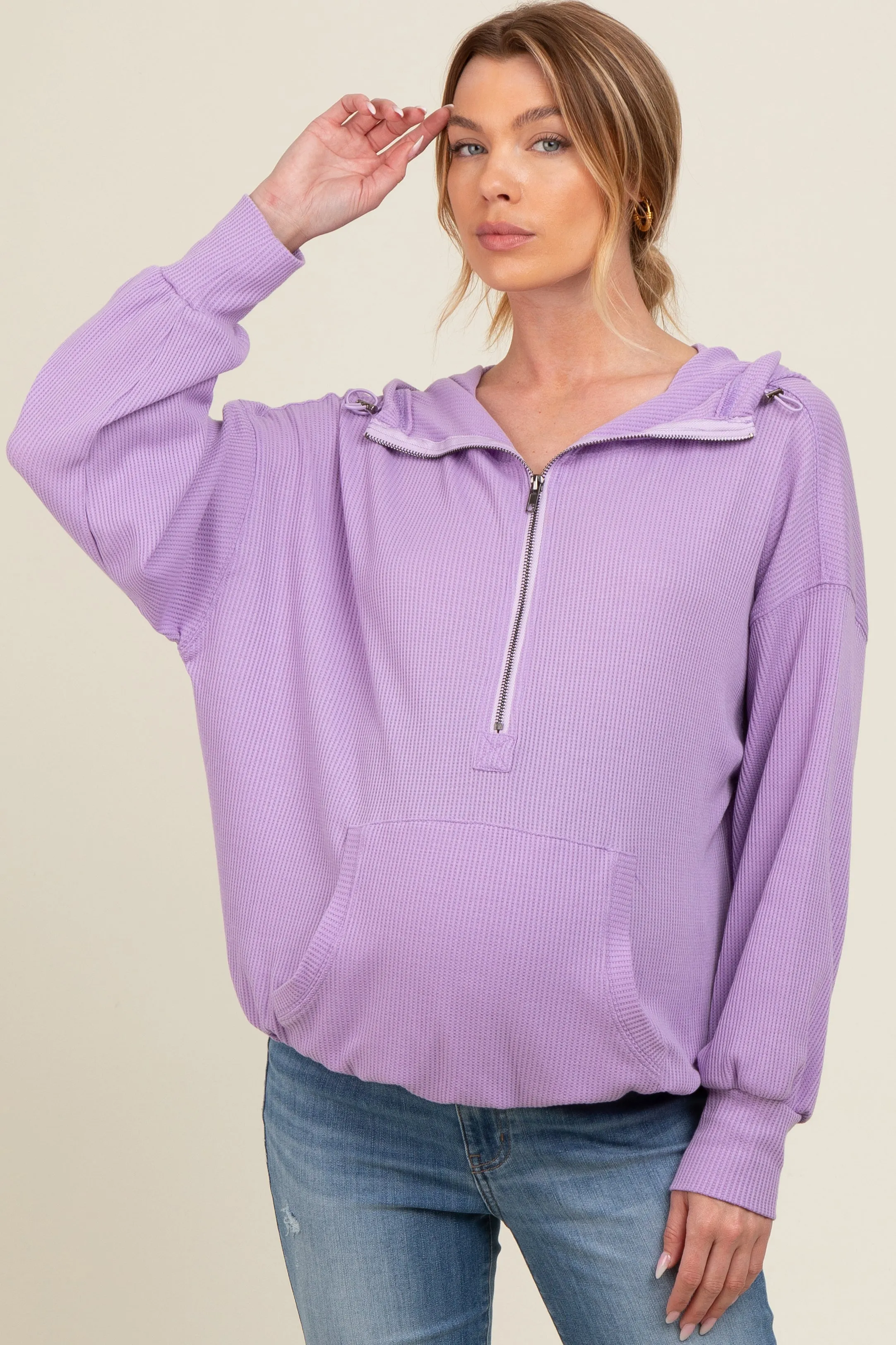 Lavender Waffle Knit Half Zip Relaxed Fit Maternity Hoodie sold by Pinkblush