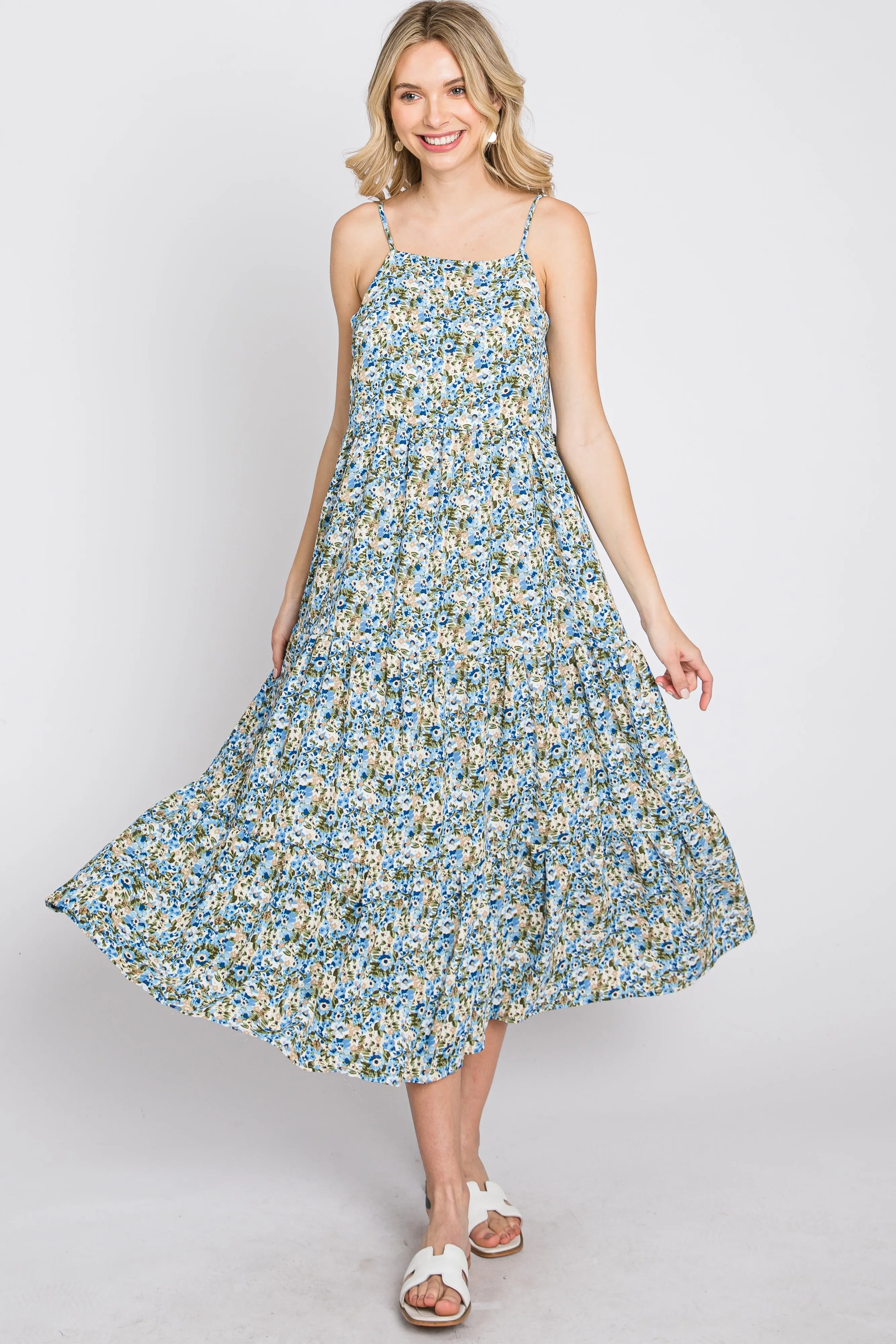 Blue Floral Tiered Sleeveless Midi Dress sold by Pinkblush product image thumbnail 2