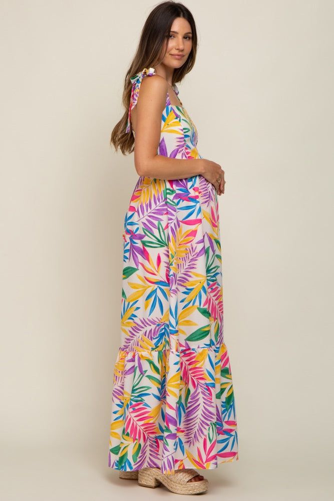 Pink Multi-Color Palm Print Shoulder Tie Maternity Maxi Dress sold by Pinkblush product image thumbnail 2