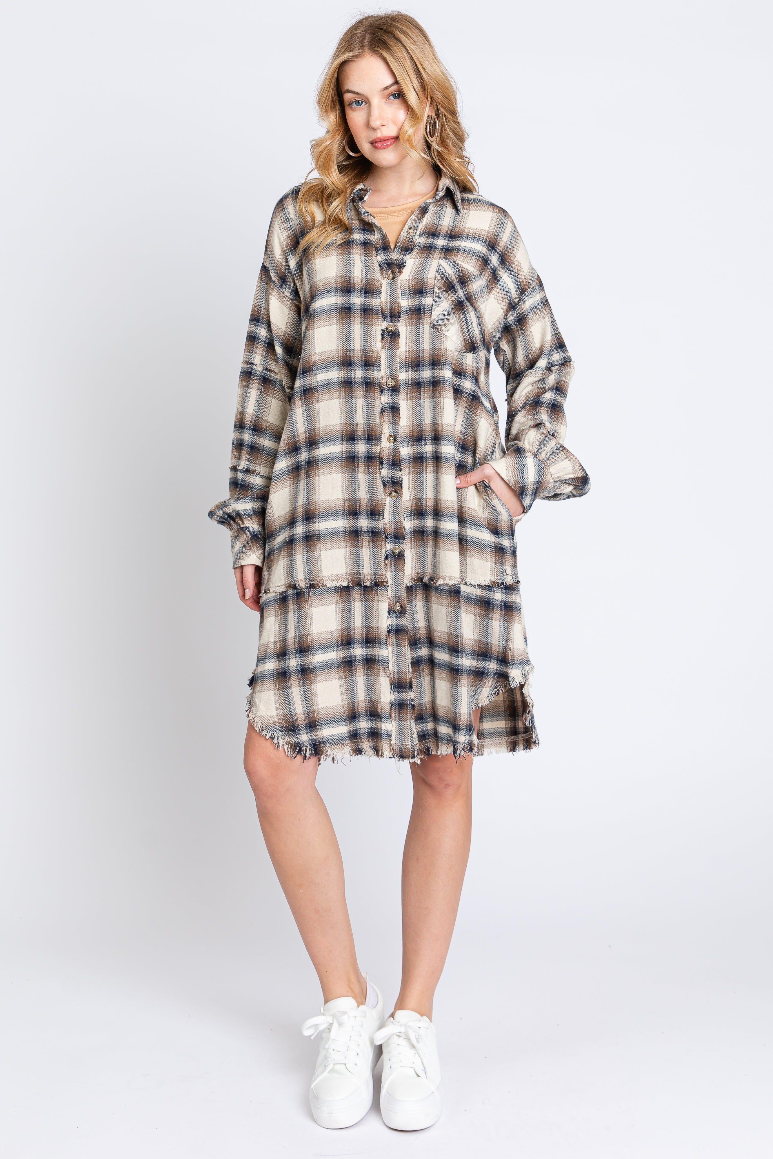 Taupe Plaid Button Down Raw Hem Dress sold by Pinkblush