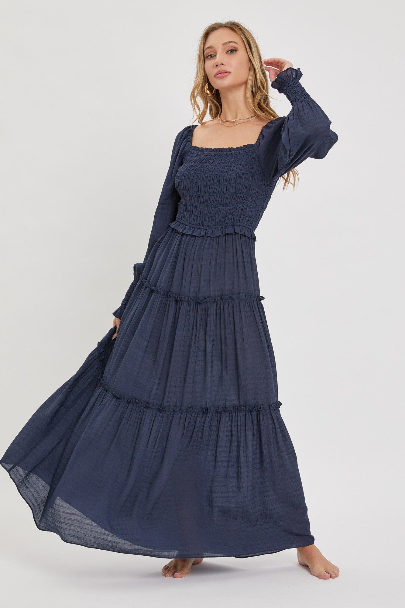 Midnight Smocked Ruffle Maxi Dress sold by Pinkblush