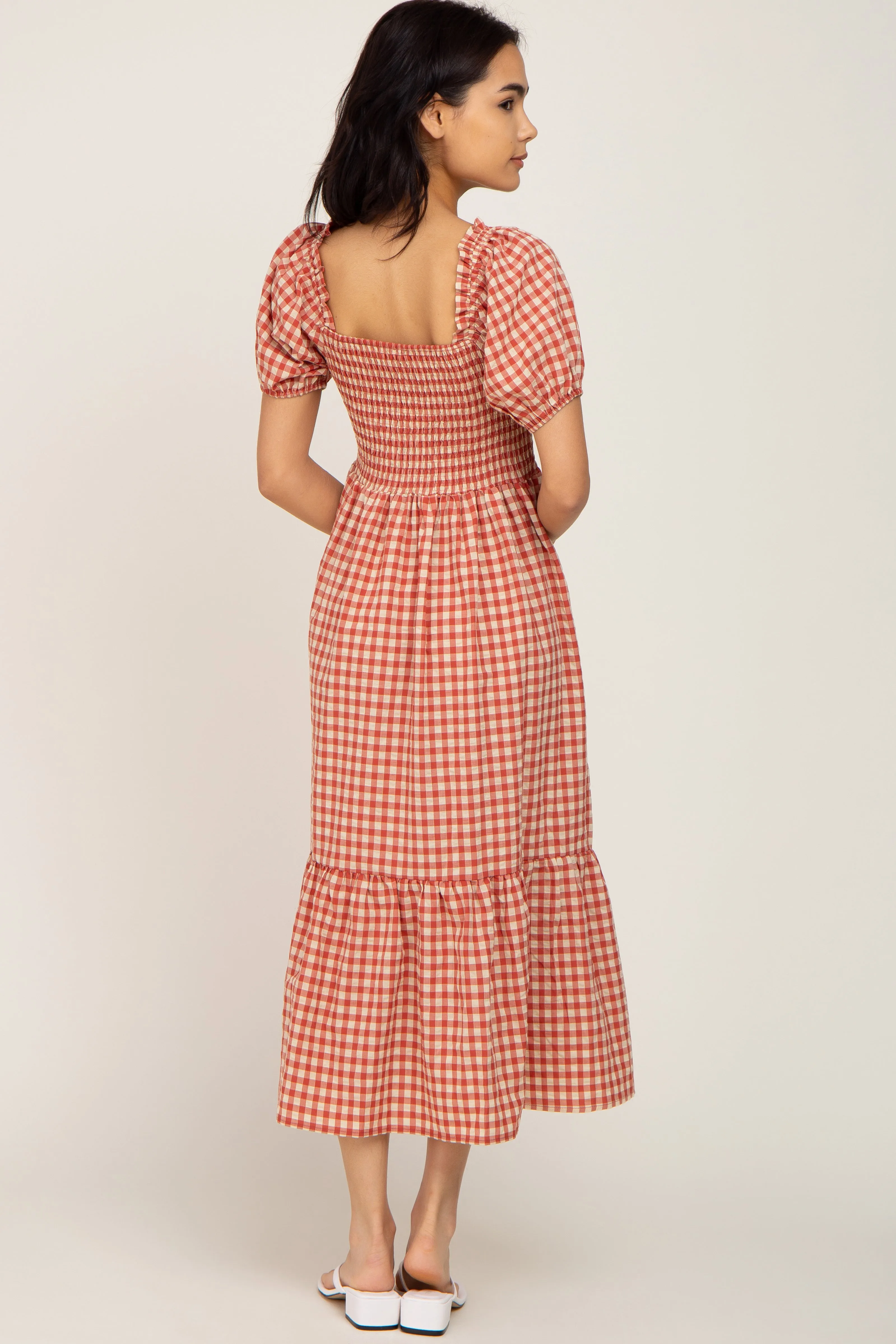 Rust Gingham Smocked Midi Dress sold by Pinkblush product image thumbnail 3