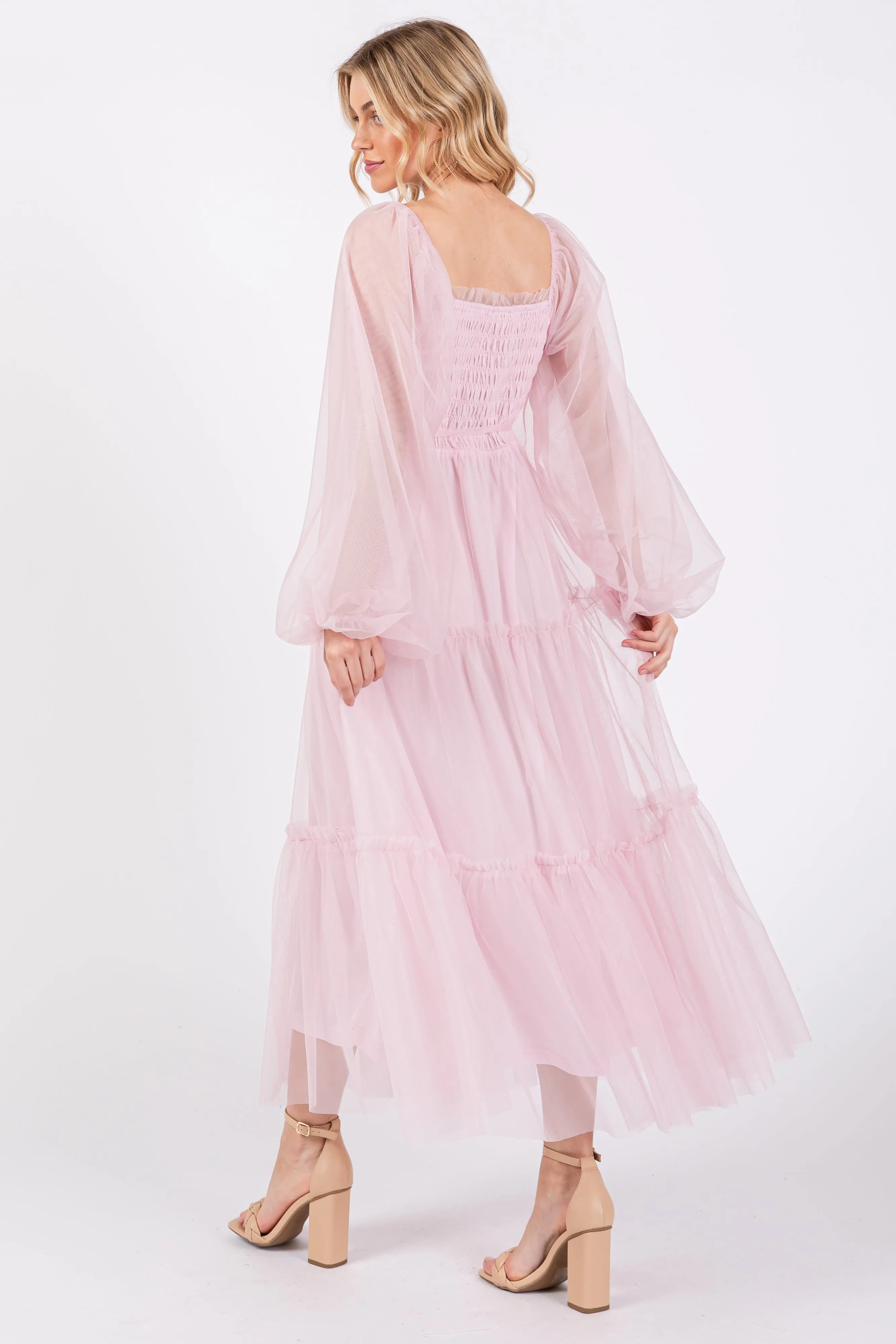 Pink Mesh Tiered Long Sleeve Maxi Dress sold by Pinkblush product image thumbnail 3