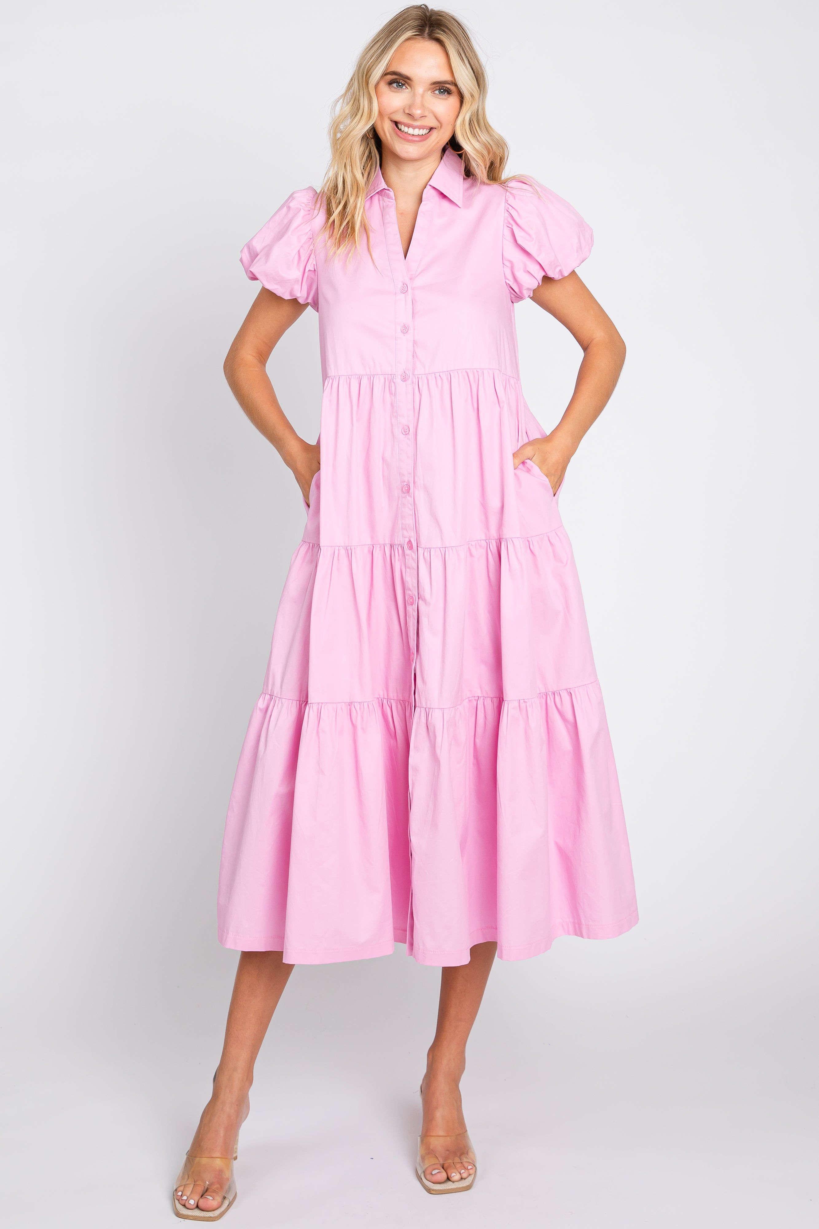 Pink Puff Sleeve Button Down Maternity Midi Dress sold by Pinkblush product image thumbnail 4