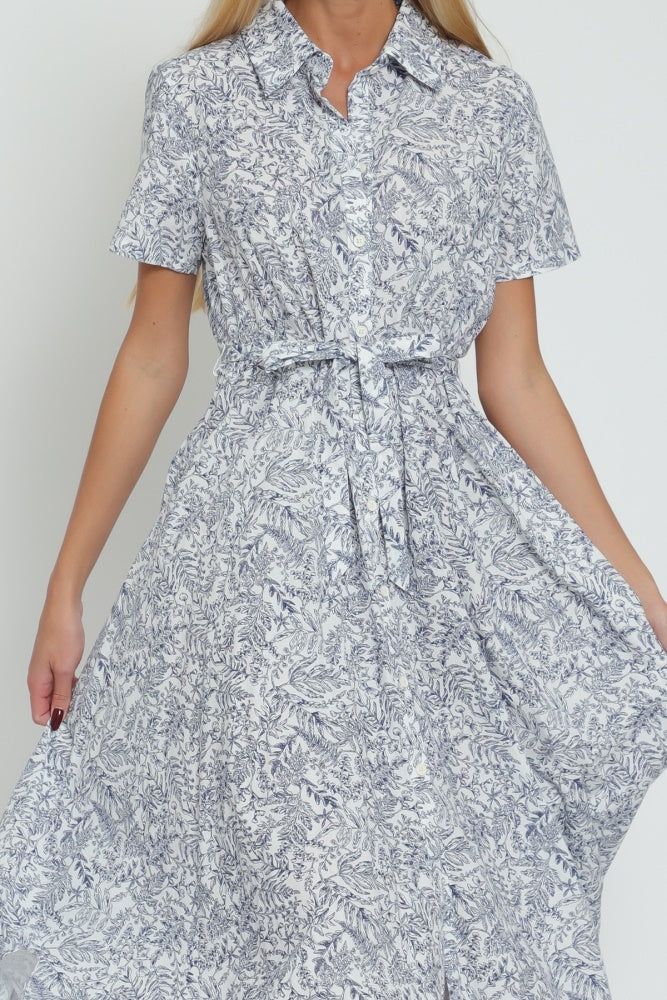 White Navy Short Sleeve Belted Button Down Shirt Midi Dress sold by Pinkblush product image thumbnail 4