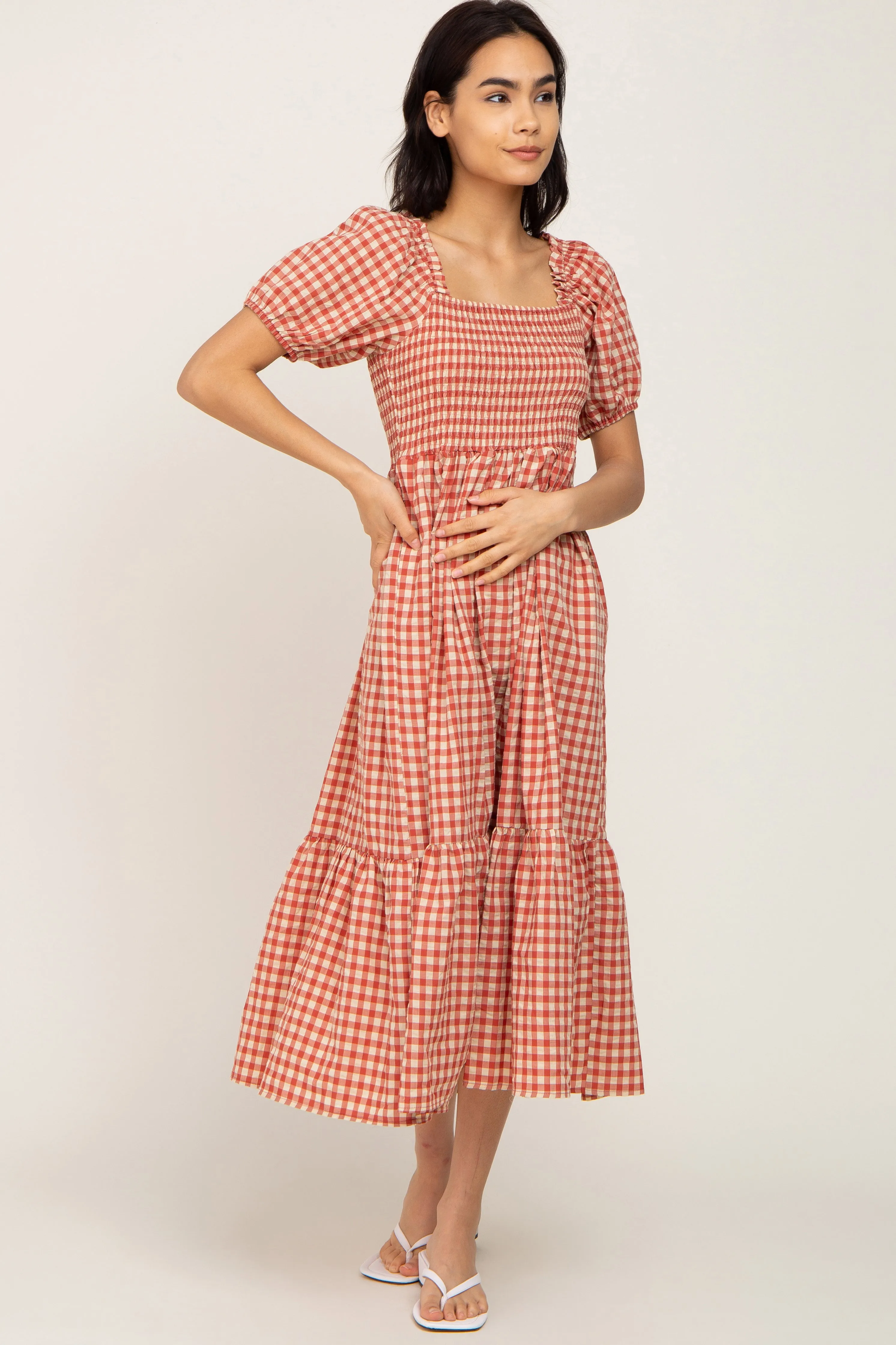 Rust Gingham Smocked Midi Dress sold by Pinkblush