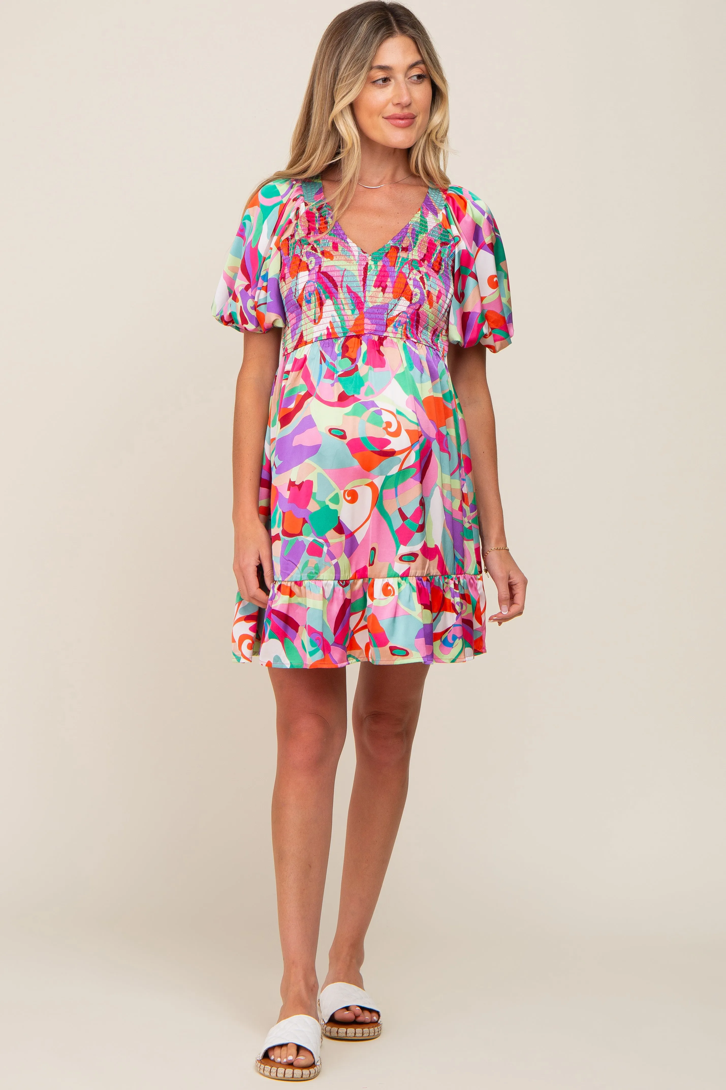 Multi-Color Satin Smocked V-Neck Maternity Dress sold by Pinkblush product image thumbnail 4