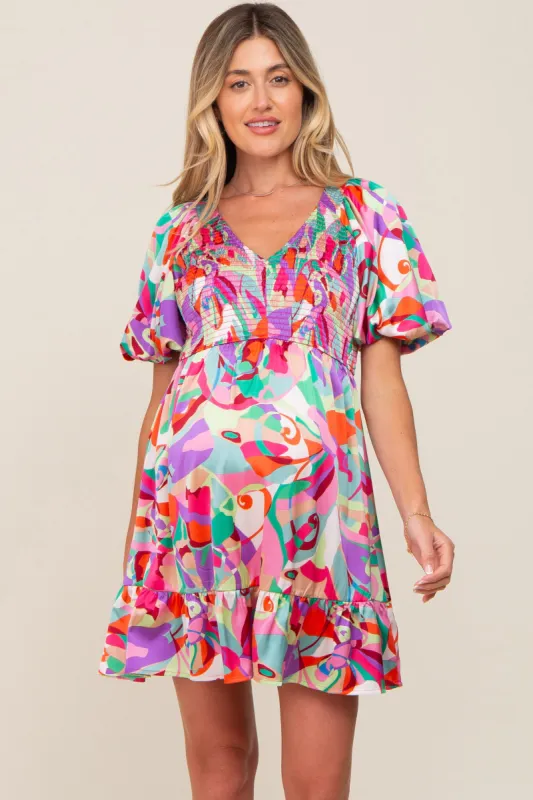 Multi-Color Satin Smocked V-Neck Maternity Dress sold by Pinkblush
