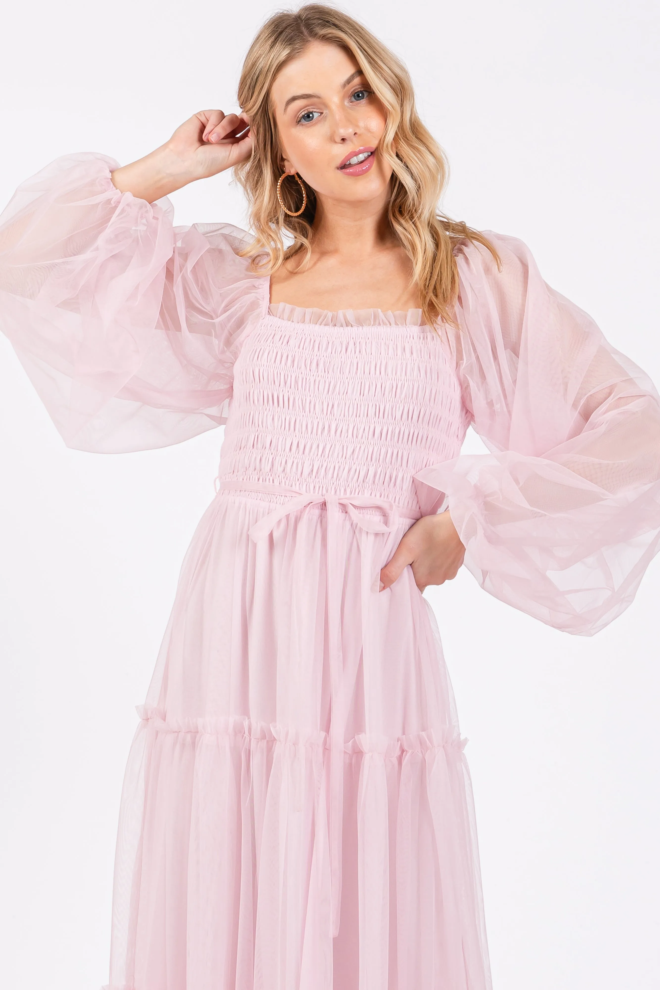 Pink Mesh Tiered Long Sleeve Maxi Dress sold by Pinkblush product image thumbnail 4