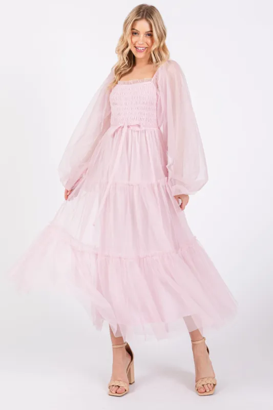 Pink Mesh Tiered Long Sleeve Maxi Dress sold by Pinkblush