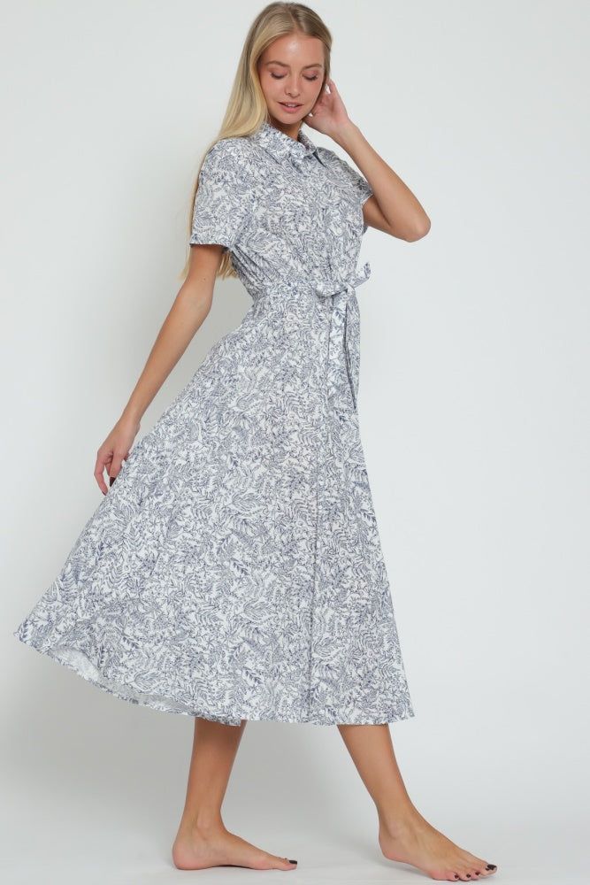 White Navy Short Sleeve Belted Button Down Shirt Midi Dress sold by Pinkblush product image thumbnail 2
