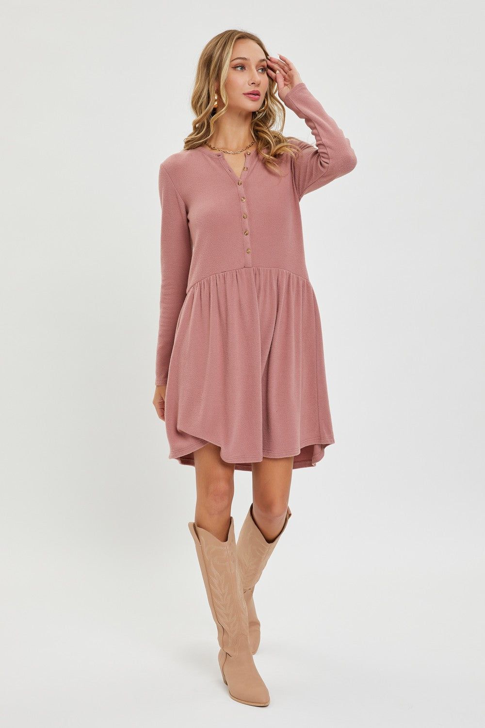 Mauve Brushed Ribbed Button Dress sold by Pinkblush