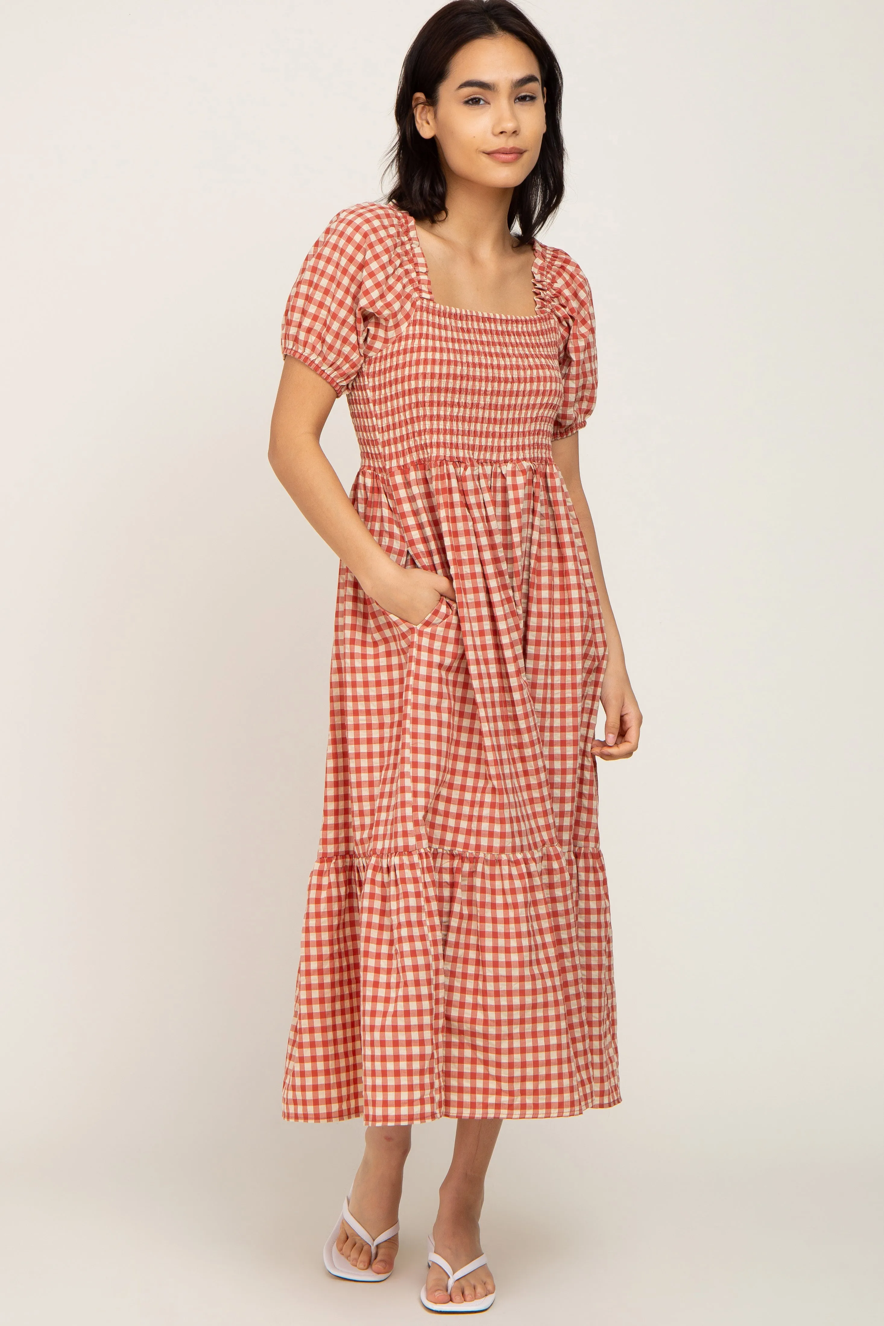 Rust Gingham Smocked Midi Dress sold by Pinkblush product image thumbnail 5