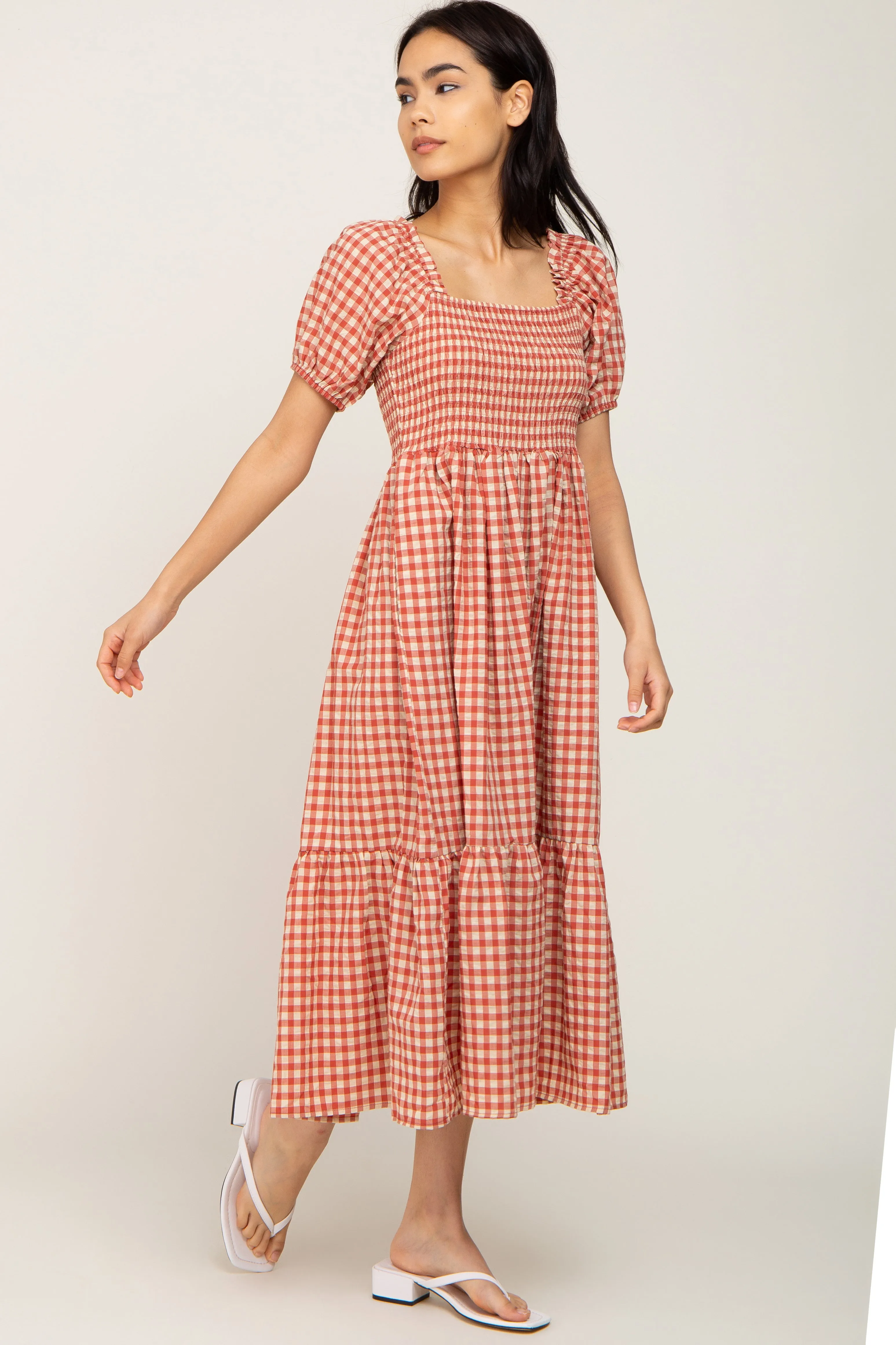 Rust Gingham Smocked Midi Dress sold by Pinkblush product image thumbnail 2
