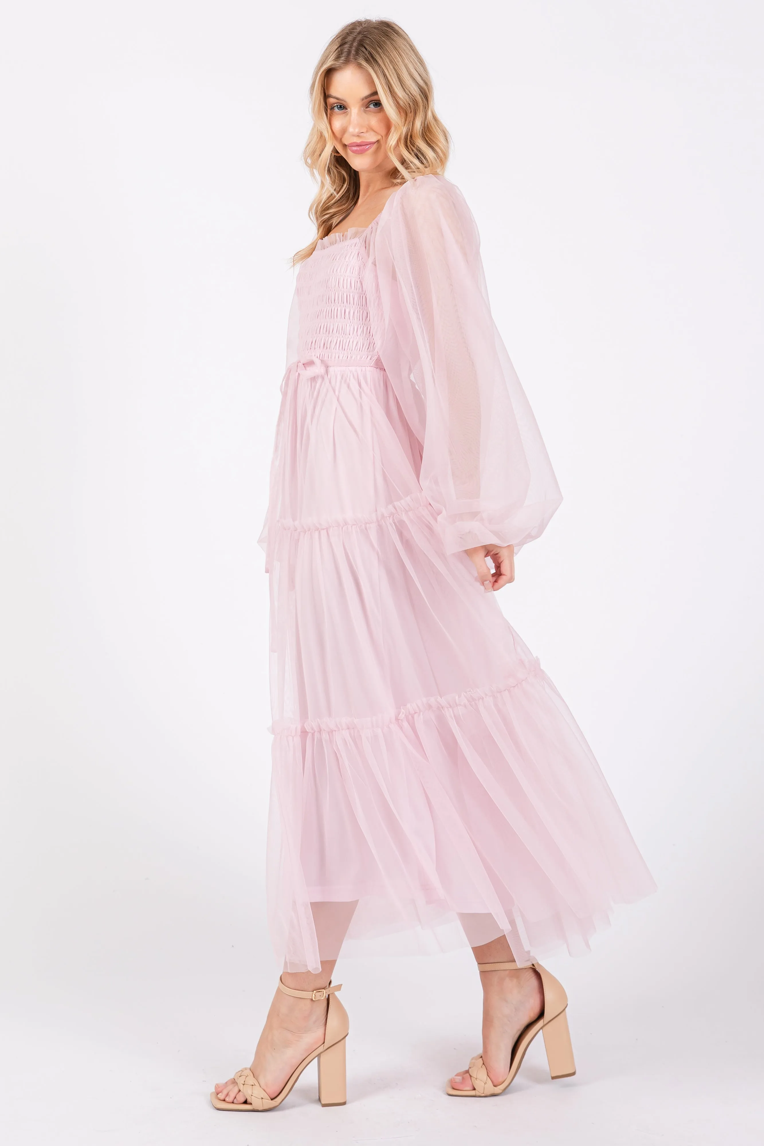 Pink Mesh Tiered Long Sleeve Maxi Dress sold by Pinkblush product image thumbnail 2