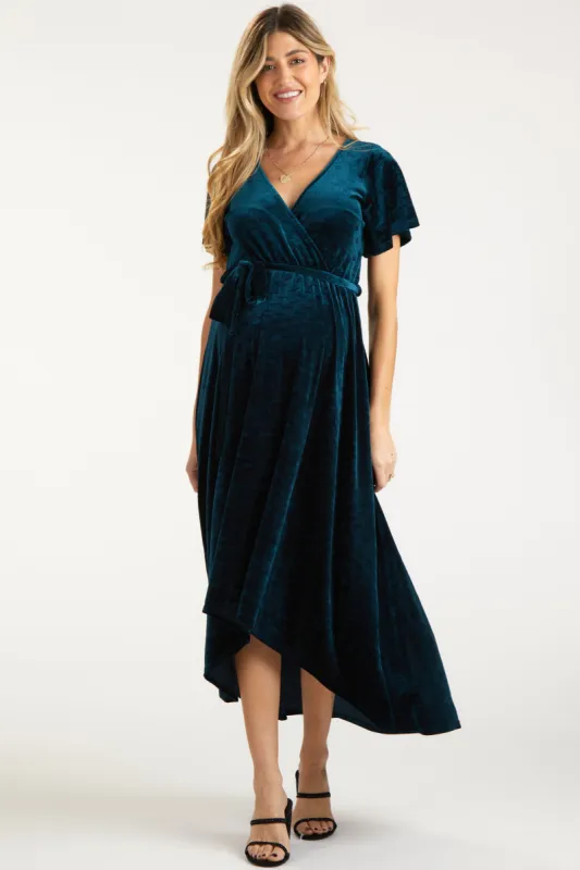 Dark Teal Velvet Wrap Front V-Neck Hi-Low Maternity Midi Dress sold by Pinkblush