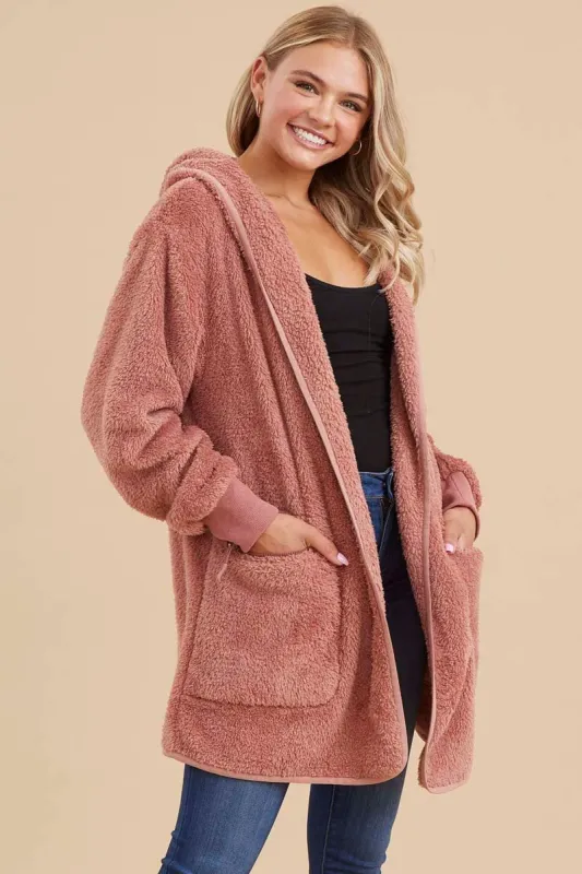Mauve Fuzzy Knit Hooded Jacket sold by Pinkblush